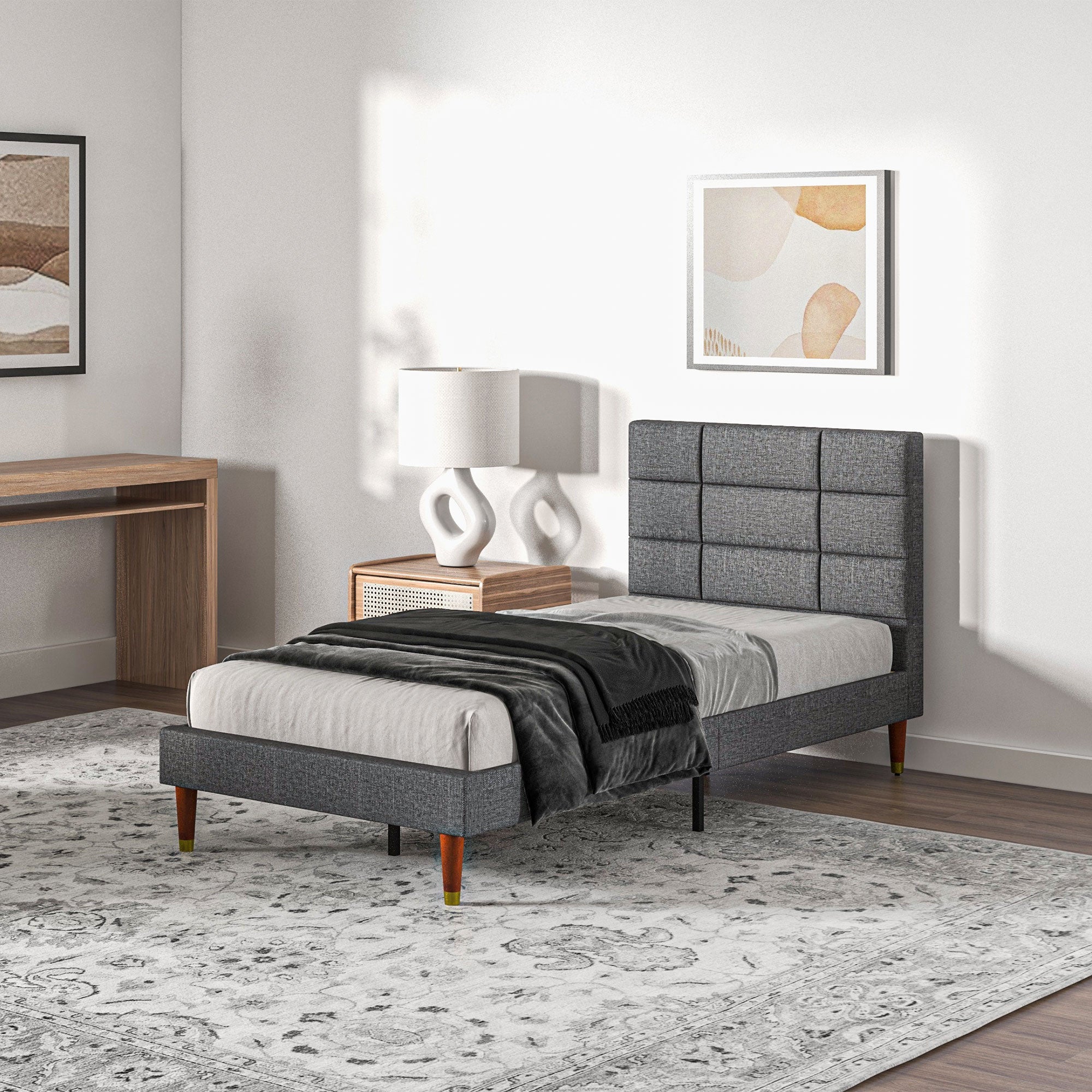 HOMCOM Upholstered Single Bed Frame, with Slats - Grey