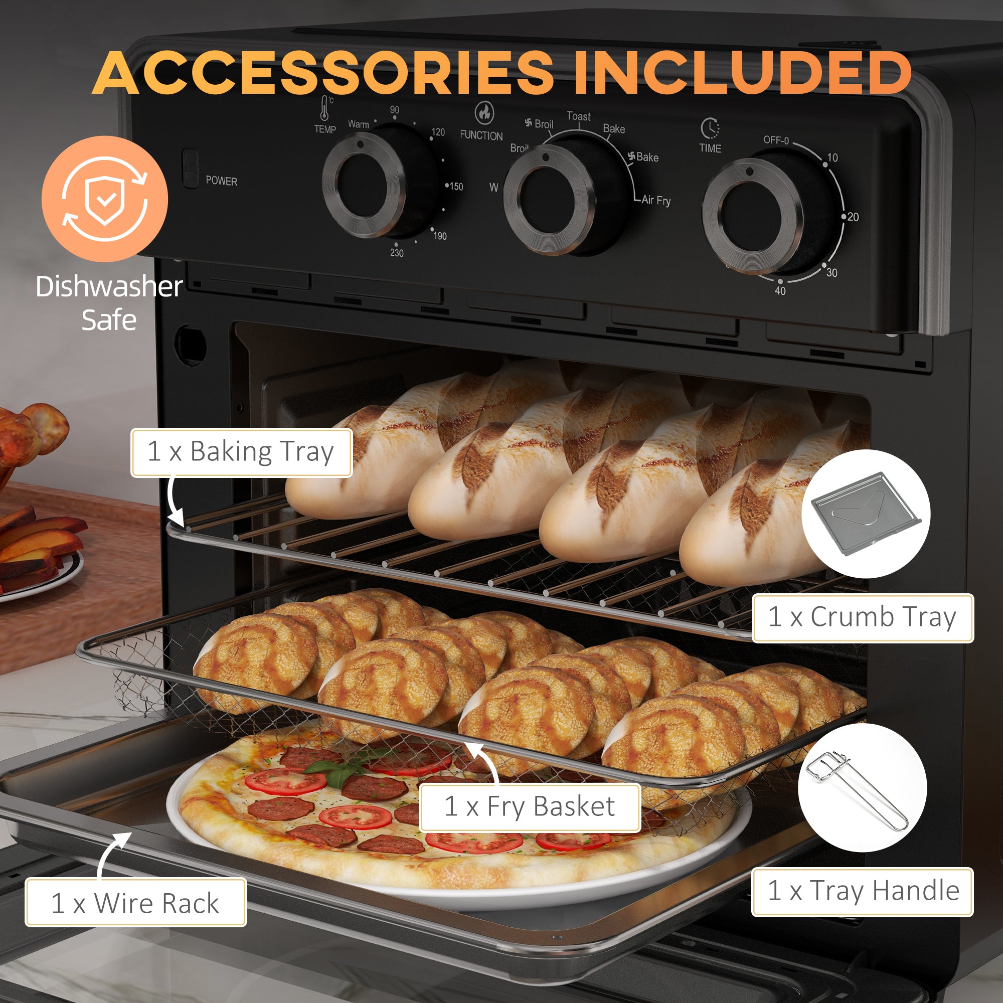 HOMCOM 20L 90-230℃ Mini Convection Oven, with Air Fry Function - Black - North Peak Garden Furniture