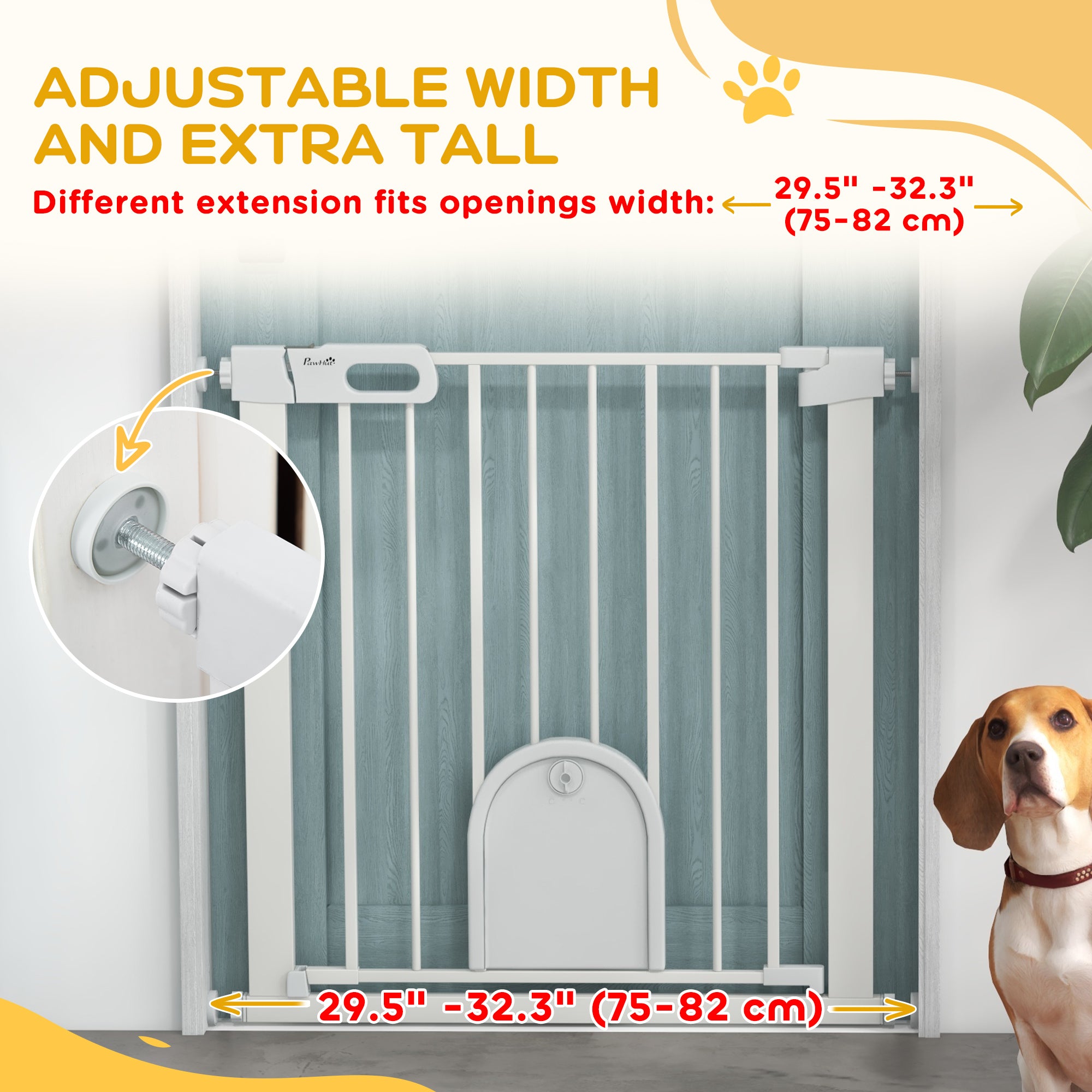 PawHut 75-82cm Pet Safet Gaye, Pressure Fit Stair, with Cat Flap, Double Locking, White - North Peak Garden Furniture