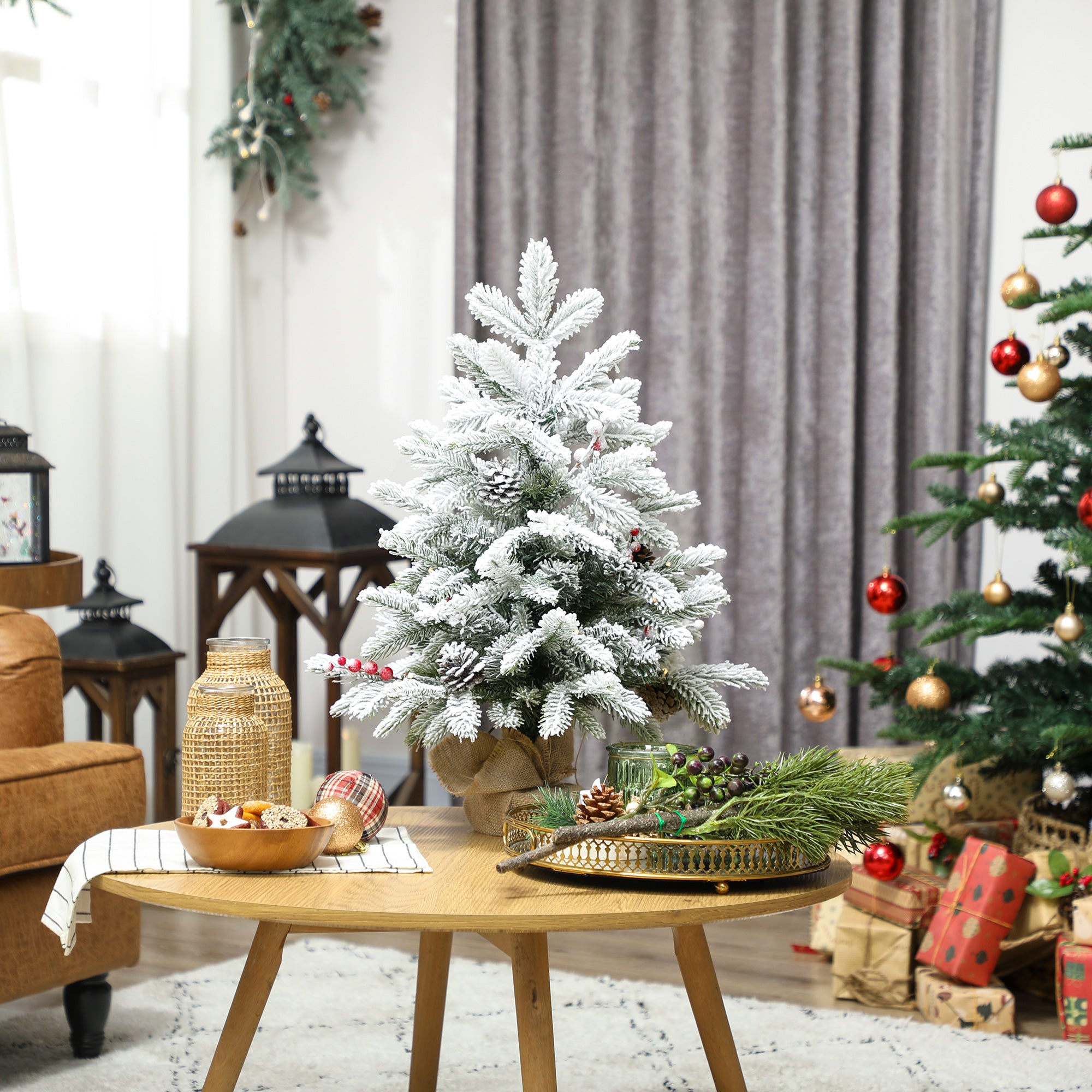 HOMCOM 60 cm Prelit Small Christmas Tree with 35 LED Lights, Snow Flocked Tabletop Mini Xmas Tree with Pine Cones, Berry Clusters and Linen Cover Base, Battery Operated, Green