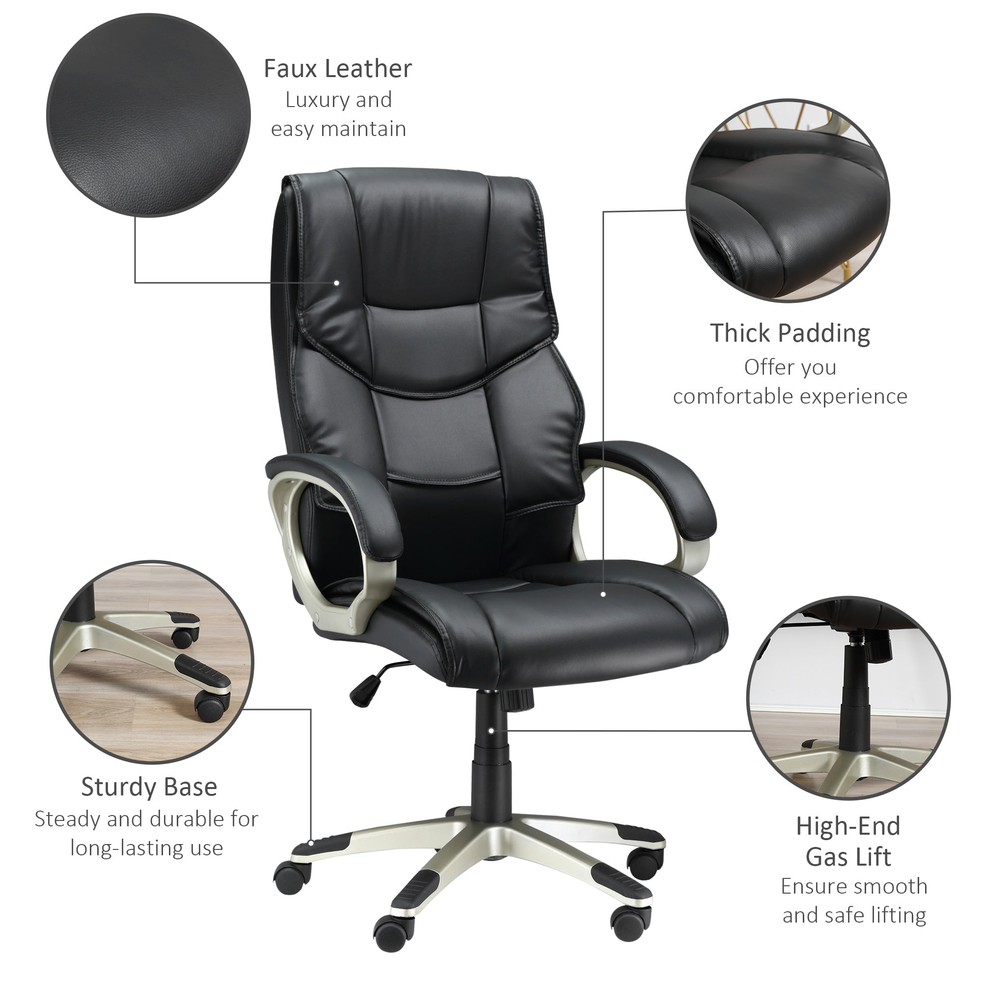 HOMCOM Home Office Chair High Back Computer Desk Chair with Faux Leather Adjustable Height Rocking Function Black - North Peak Garden Furniture