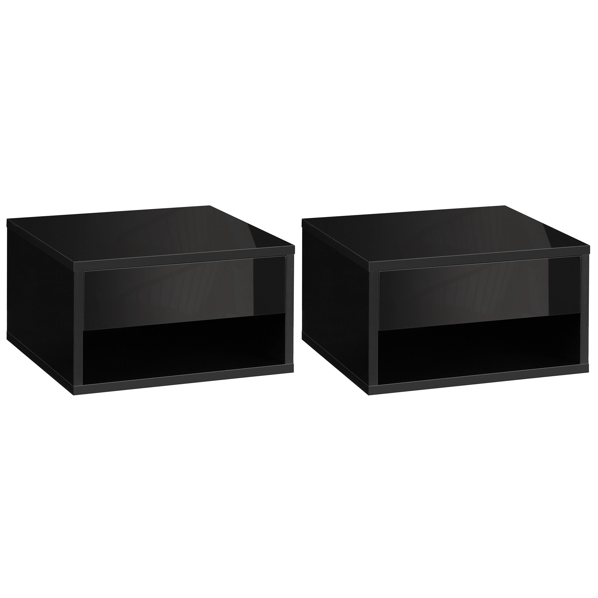 HOMCOM 2 Pieces Bedside Table Wall Mounted Nightstand with Drawer and Shelf for Bedroom, 37 x 32 x 21cm, High Gloss Black - North Peak Garden Furniture