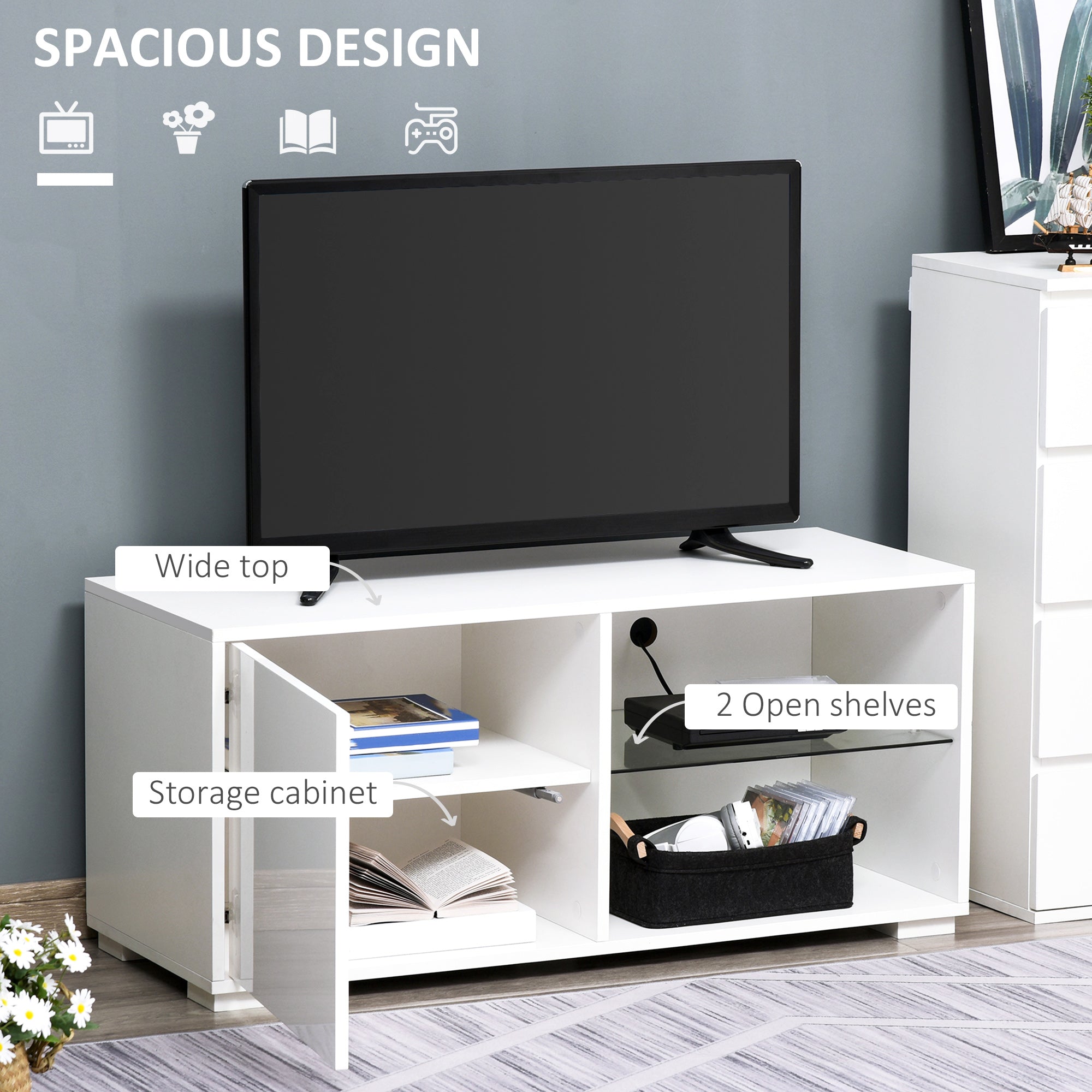 HOMCOM High Gloss TV Stand Storage Cabinet with 2 Shelves for Living Room Home Furniture White - North Peak Garden Furniture