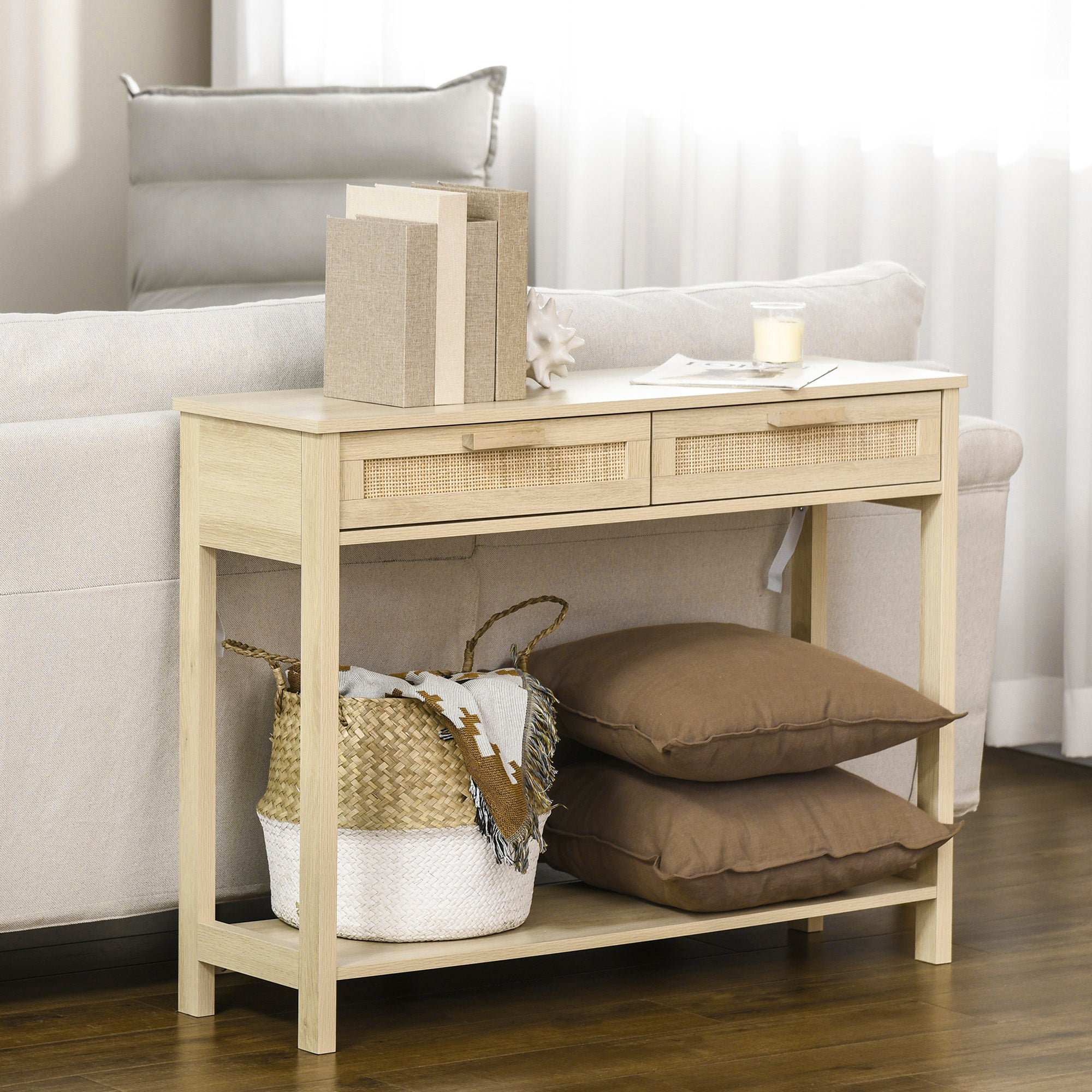 HOMCOM Console Sofa Table Hallway Side Desk with Storage Shelf Drawer for Entryway Living Room Bedroom Natural - North Peak Garden Furniture