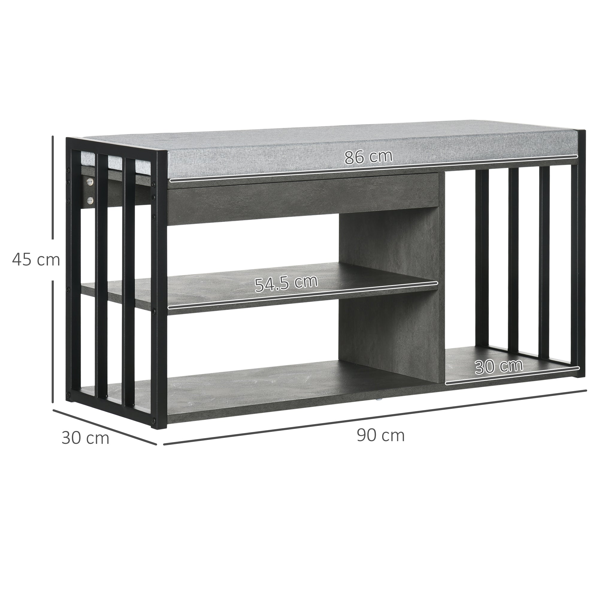 HOMCOM Shoe Storage with Seat, Upholstered Entryway Bench, Shoe Bench with 3 Open Shelves for Hallway, Grey