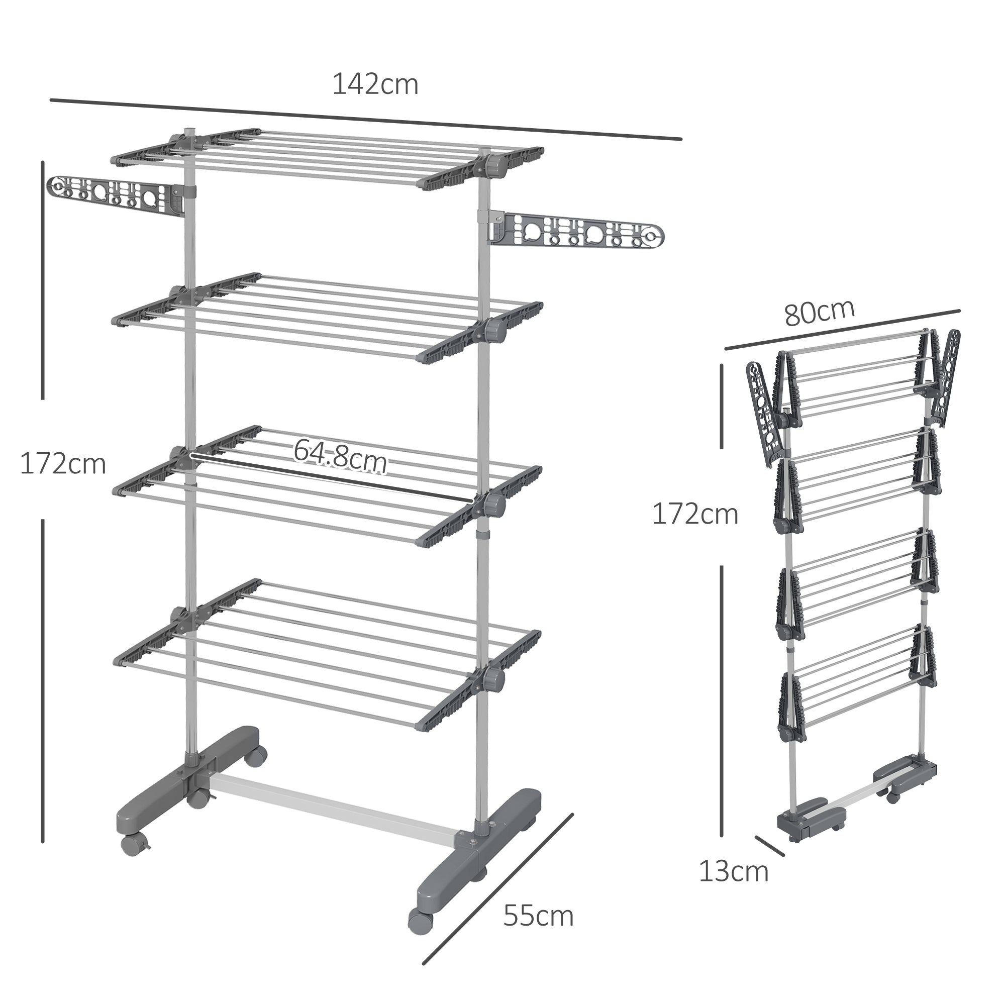 HOMCOM Four-Shelf Collapsing Clothes Horse, With Side Arms and Wheels - Grey - North Peak Garden Furniture
