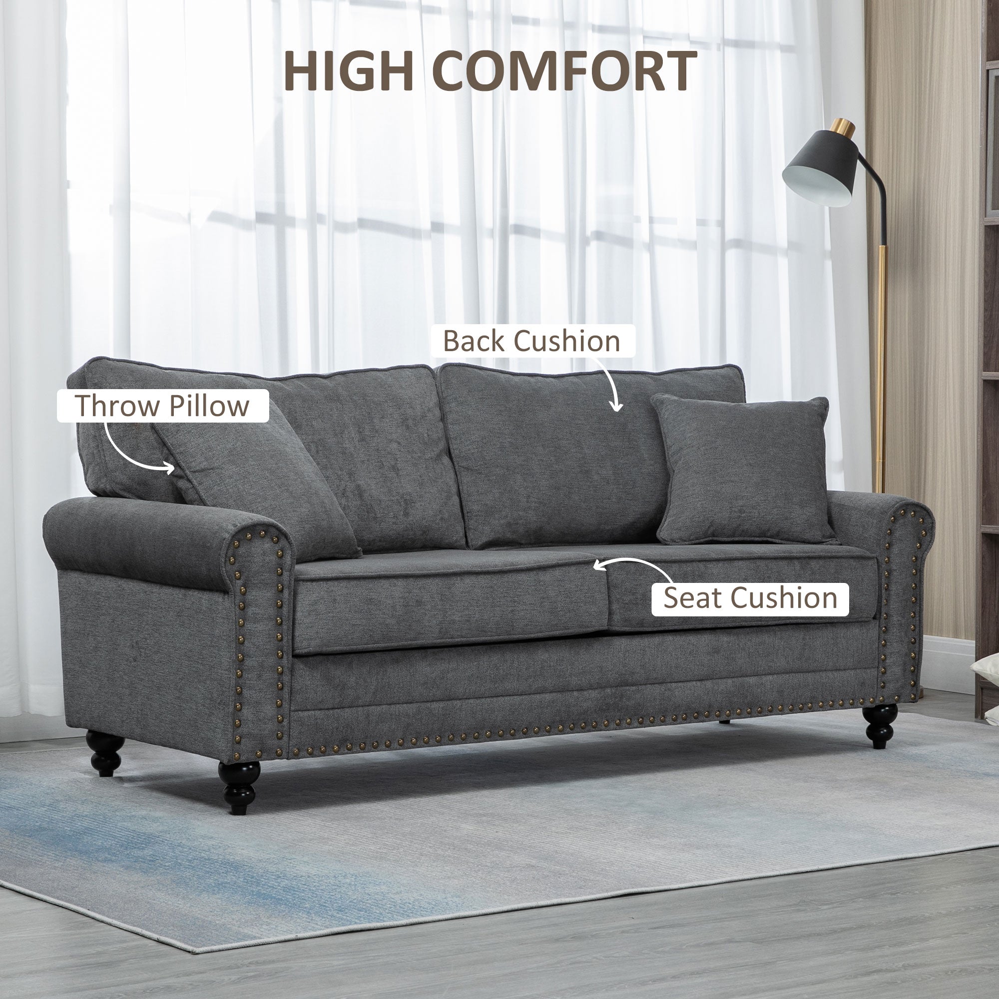 HOMCOM 3 Seater Sofas for Living Room, Fabric Sofa with Felt Mats, Cushions and Pillows, Grey - North Peak Garden Furniture