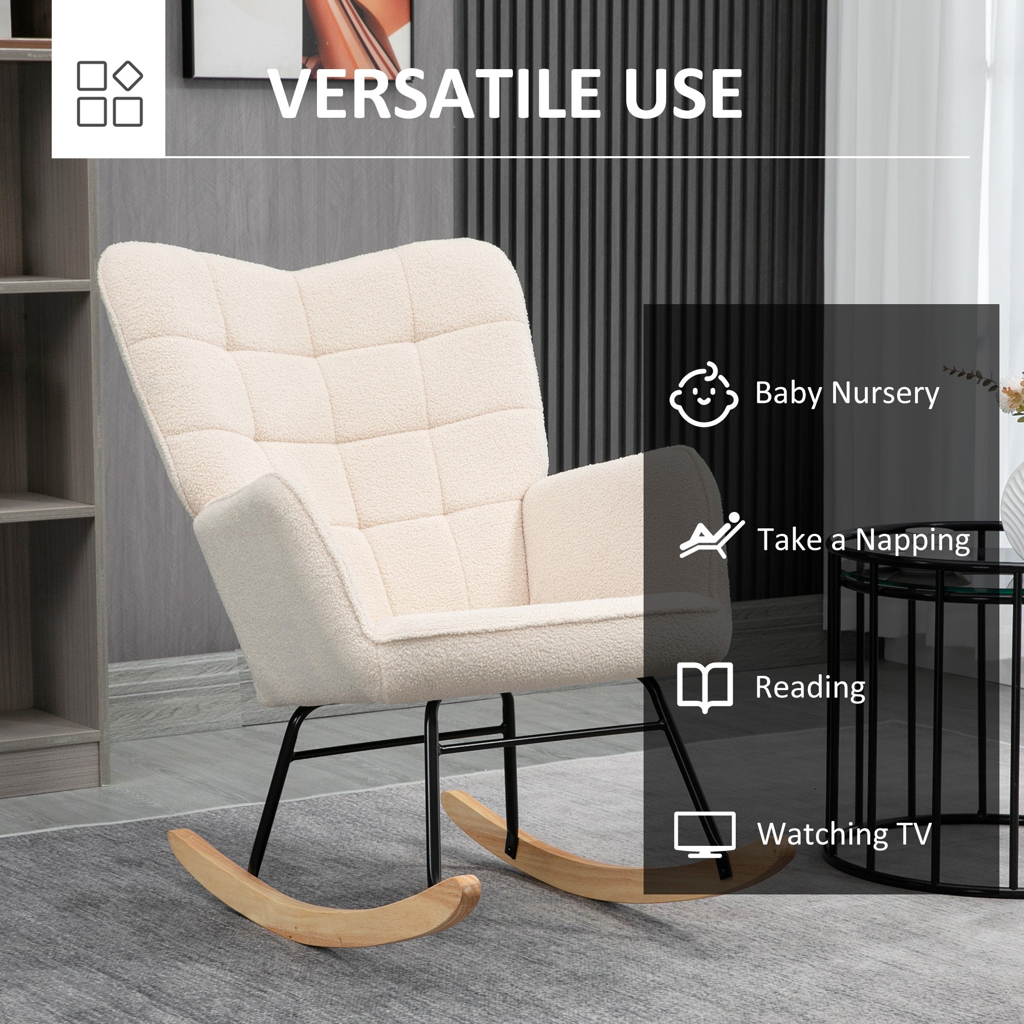 HOMCOM Berber Fleece Nursery Glider Rocker for Nursing, Wingback Rocking Chair for Living Room, Beige - North Peak Garden Furniture