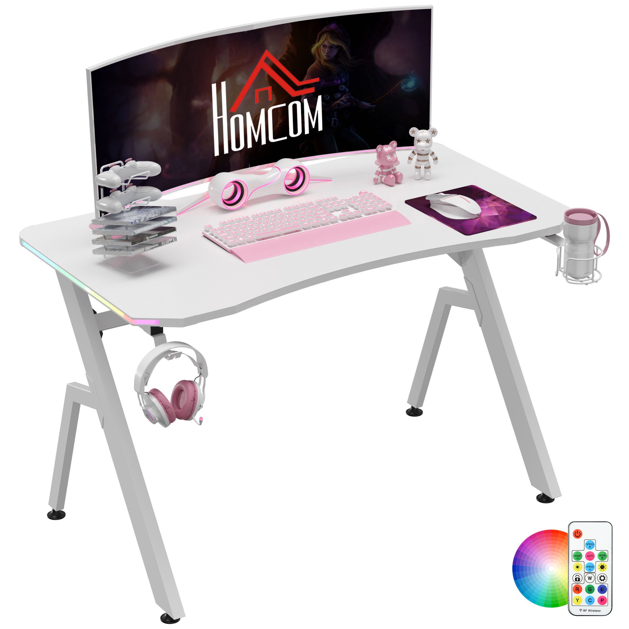 HOMCOM RGB 120 x 66cm Gaming Desk, Computer Table with Carbon Fibre Surface, Headphone Hook, Cup Holder, Controller Rack, Home Office Desk, White - North Peak Garden Furniture