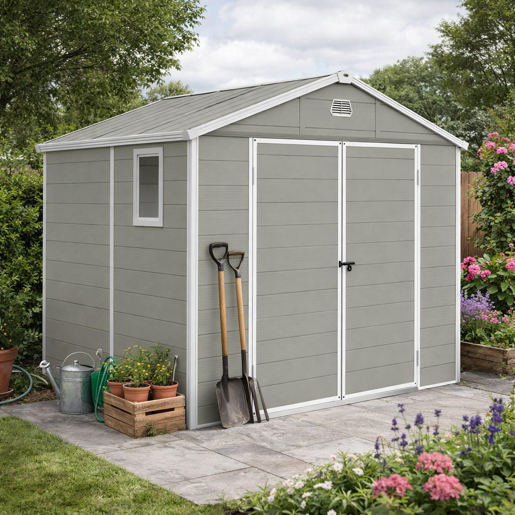 Outsunny 7.9ft x 6.2ft Aluminium Frame and Plastic Wall Shed, with Foundation - Light Grey