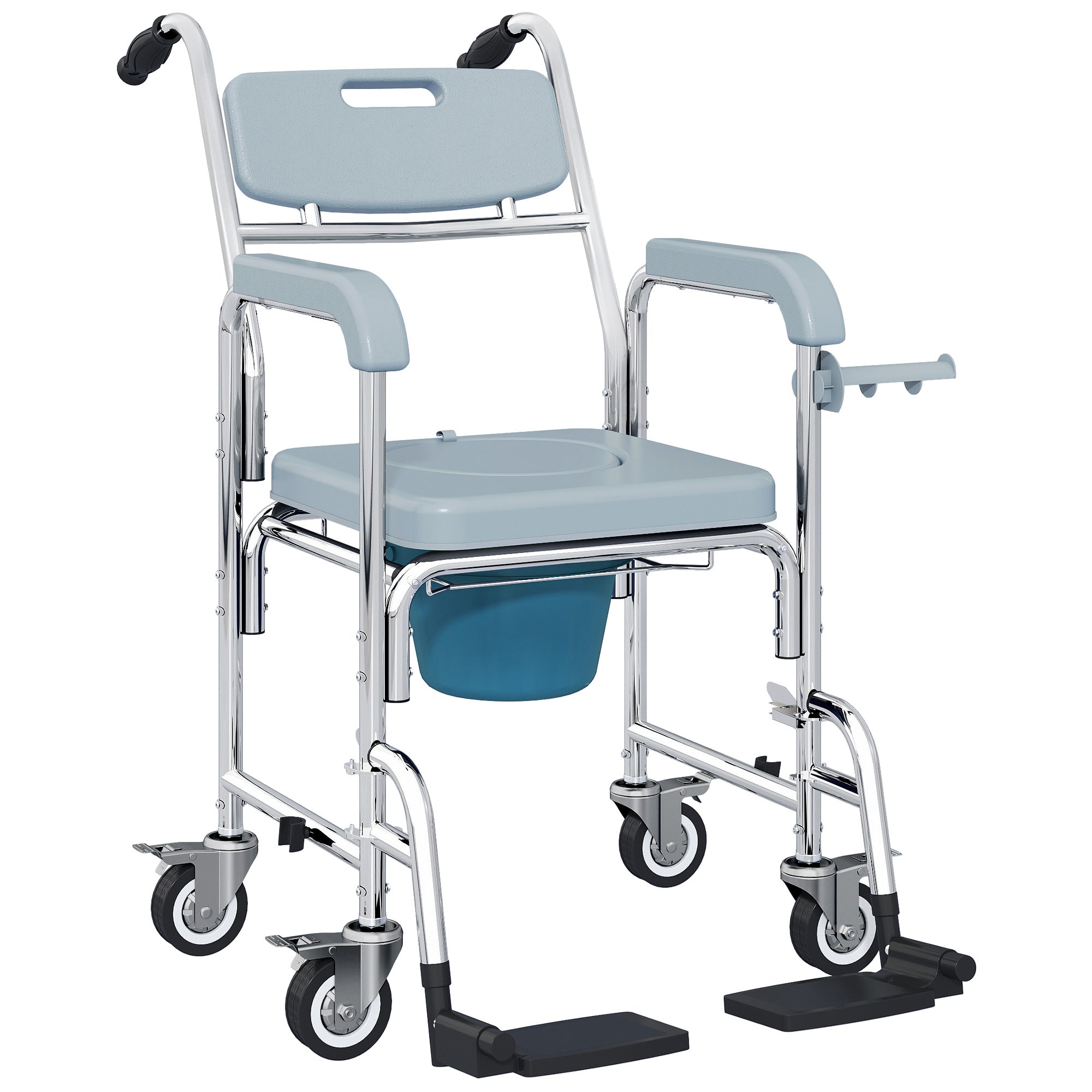 HOMCOM Rolling Shower Wheelchair for Seniors, Bedside Commode Chair with Locking Wheels, Seat, Backrest, Arms, Grey