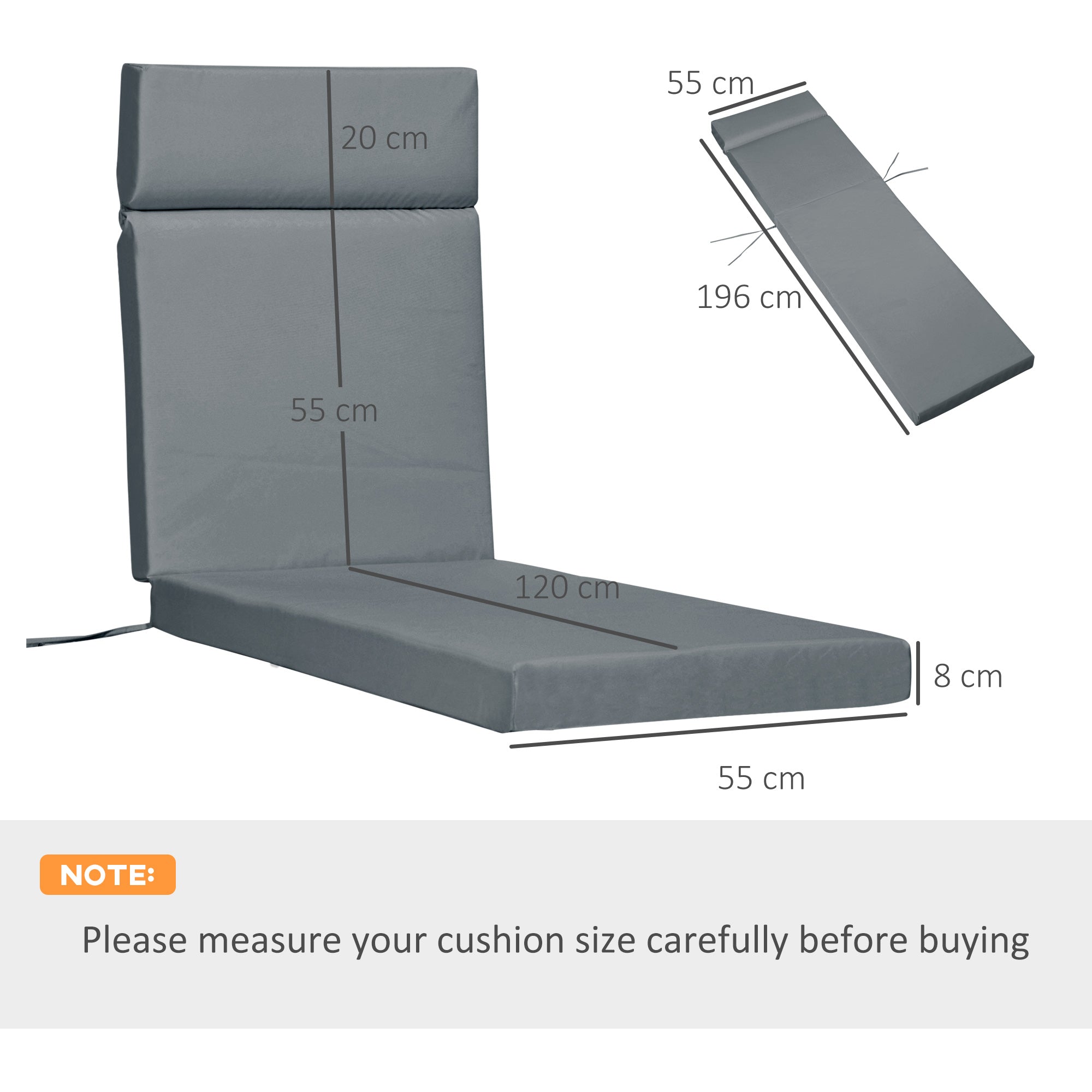 Outsunny Set of 2 Sun Lounger Cushions, Replacement Cushions for Rattan Furniture with Ties, 196 x 55 cm, Dark Grey - North Peak Garden Furniture