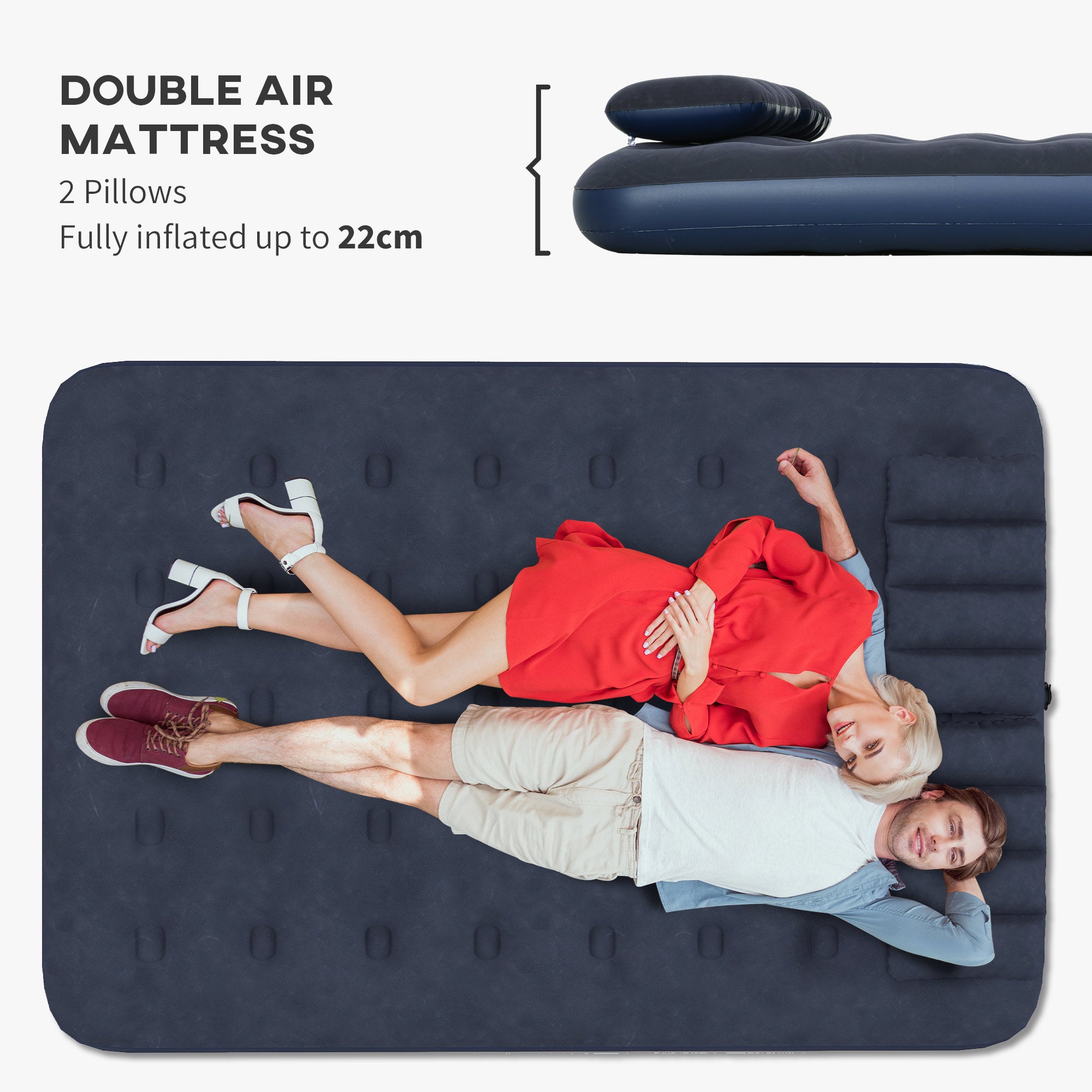 Outsunny Inflatable Double Air Bed, with Hand Pump - Blue - North Peak Garden Furniture