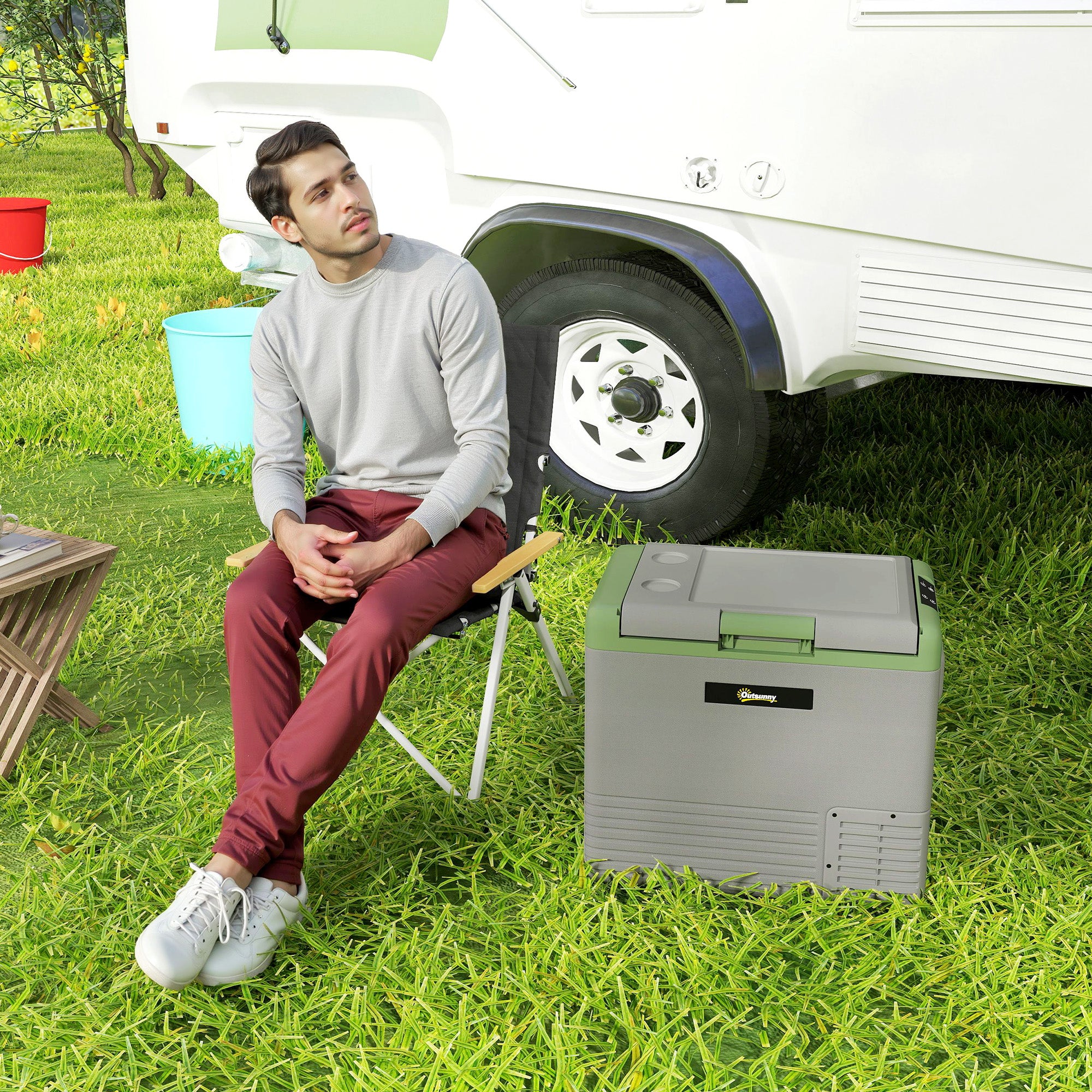 Outsunny 50L Portable Car Refrigerator - Light Green and Grey - North Peak Garden Furniture