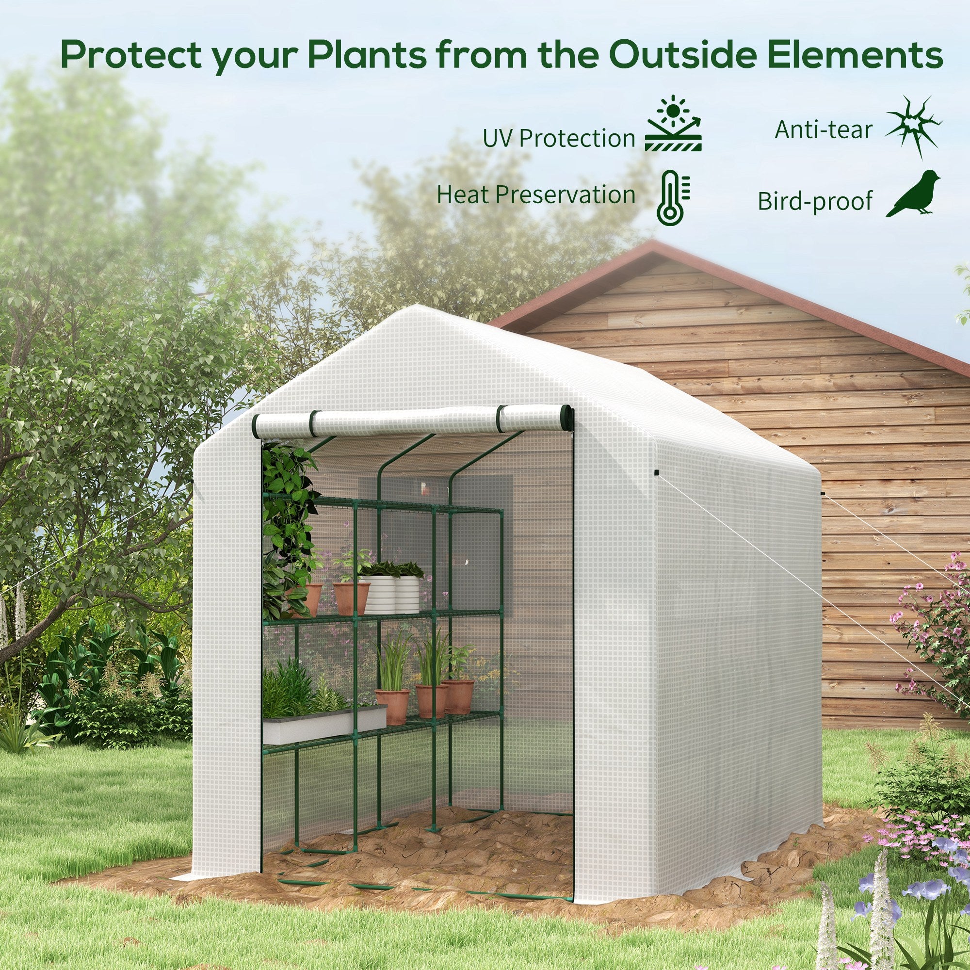 Outsunny Walk-in Greenhouse with 4 Tier 24 Shelves, Portable Grow House with Roll-up Zipped Door, 244 x 180 x 210 cm, White - North Peak Garden Furniture