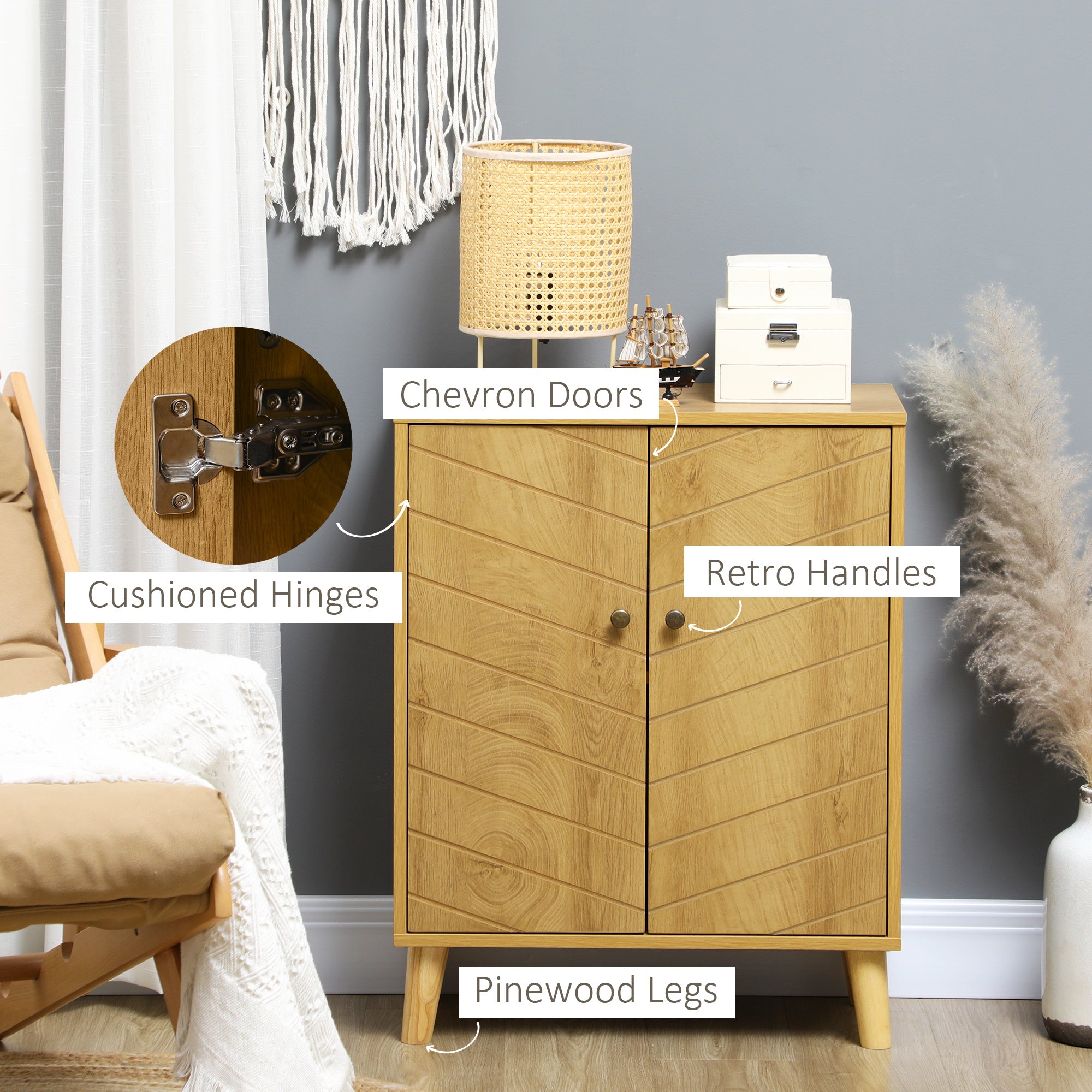 HOMCOM Vintage Storage Cabinet with Double Chevron Doors and Pine Wood Legs, Side Cabinet for Living Room, Kitchen, Bedroom, Natural Wood Effect - North Peak Garden Furniture