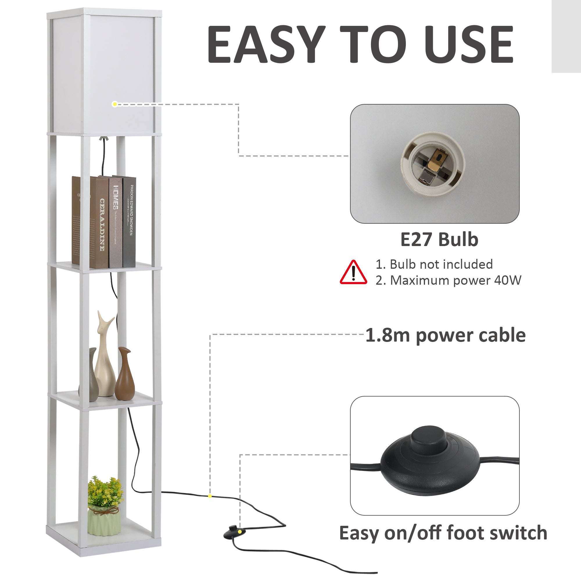 HOMCOM 3-Tier Floor Lamp, Floor Light with Storage Shelf, Reading Standing Lamp for Living Room, Bedroom, Kitchen, Dining Room, Office, Dorm, 160cm, White - North Peak Garden Furniture