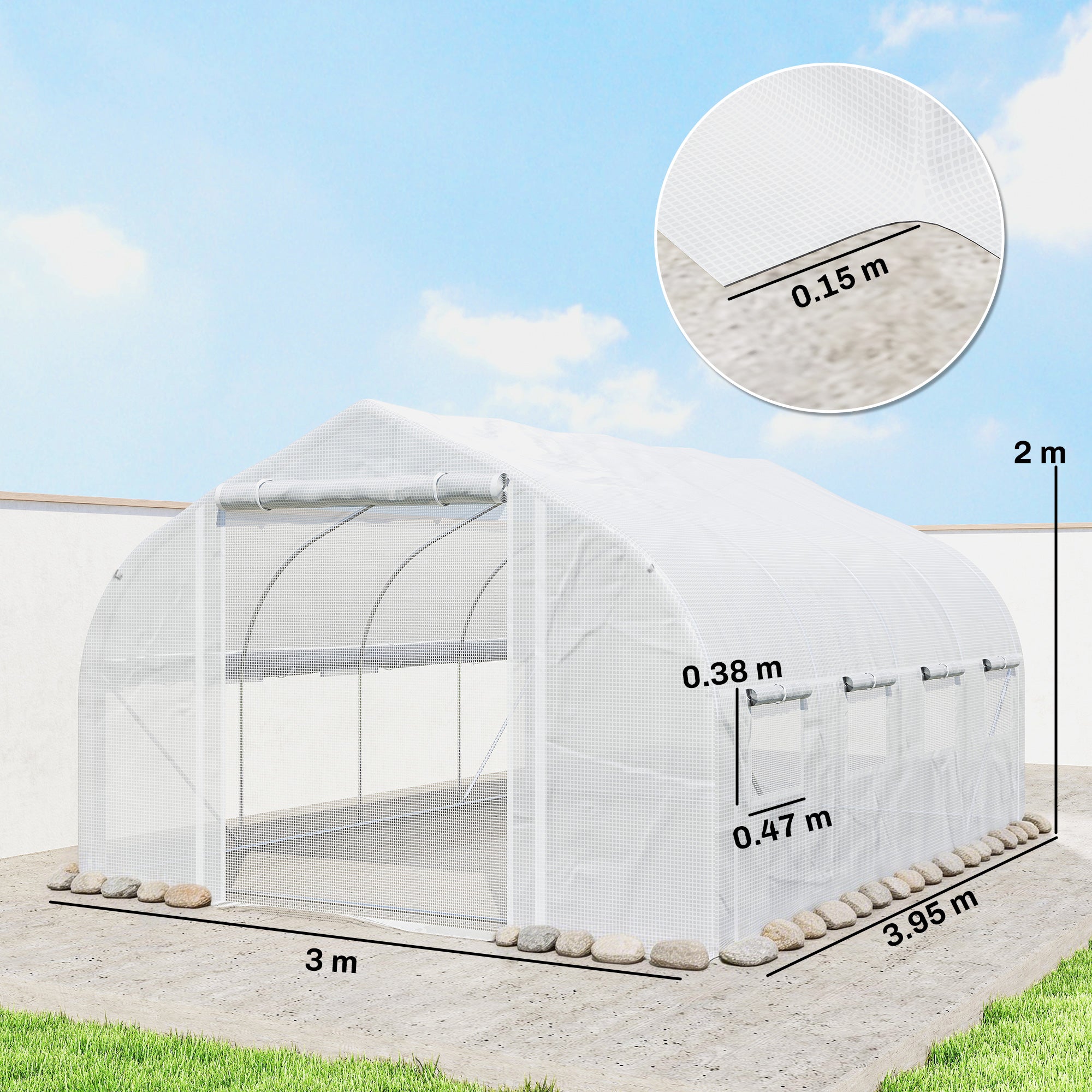 Outsunny 4 x 3(m) Walk-in Polytunnel Greenhouse, Zipped Roll Up Sidewalls, Mesh Door, 8 Mesh Windows, Tunnel Warm House Tent with PE Cover, Complimentary Plant Labels and Gloves, White