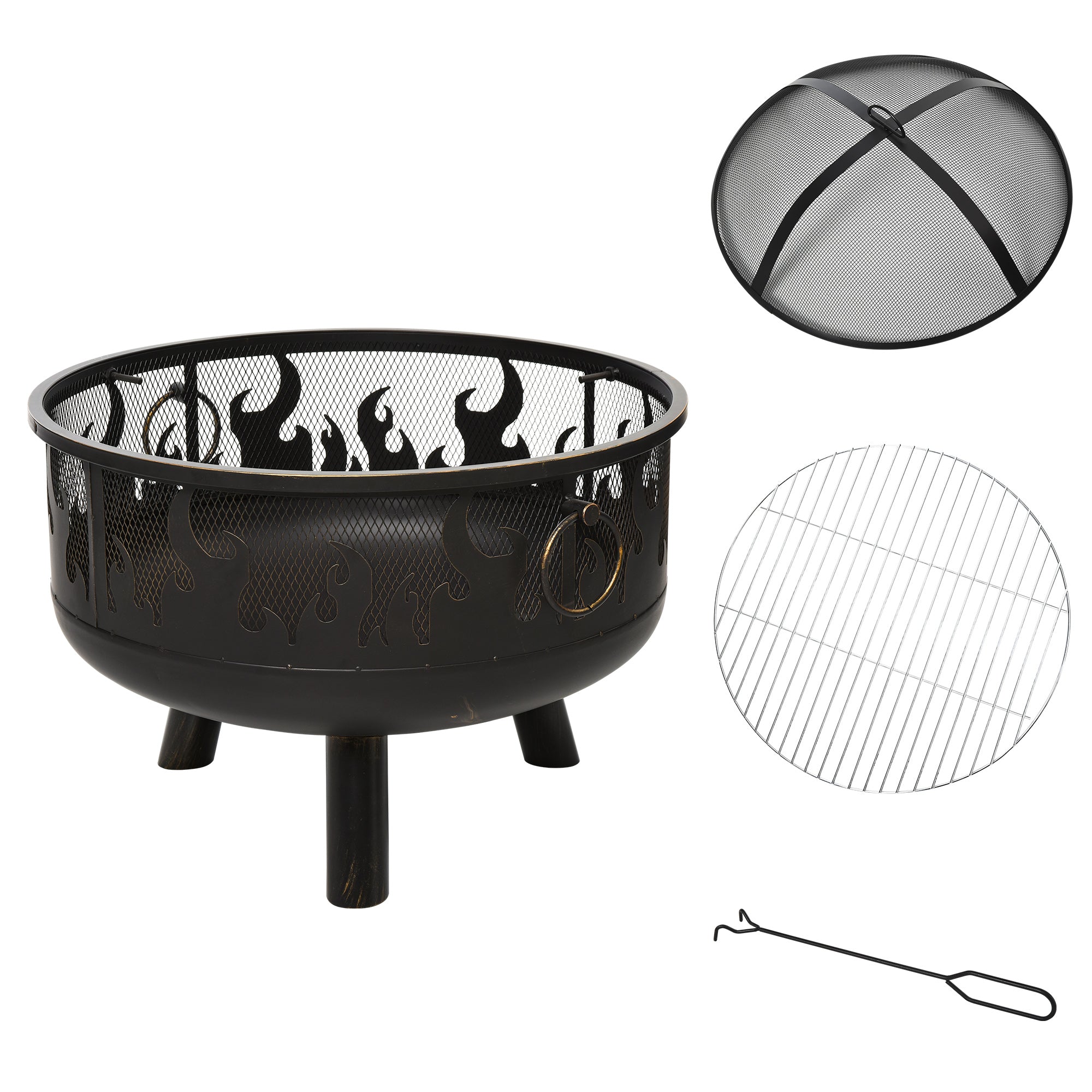 Outsunny 2-in-1 Outdoor Fire Pit with Cooking Grate Steel BBQ Grill Bowl Heater with Spark Screen Cover, Fire Poker for Backyard Bonfire Patio