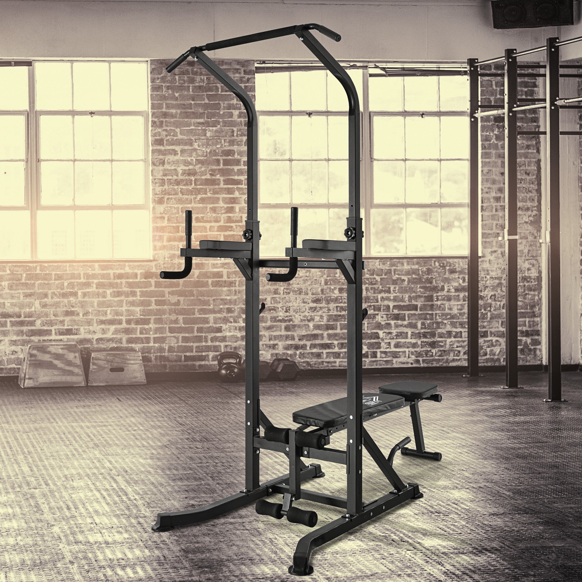 HOMCOM Pull Up Station with Adjustable Weight Bench, Dip Station and Barbell Rack, Multi-Function Power Tower Free Standing Pull Up Bar for Home Gym - North Peak Garden Furniture
