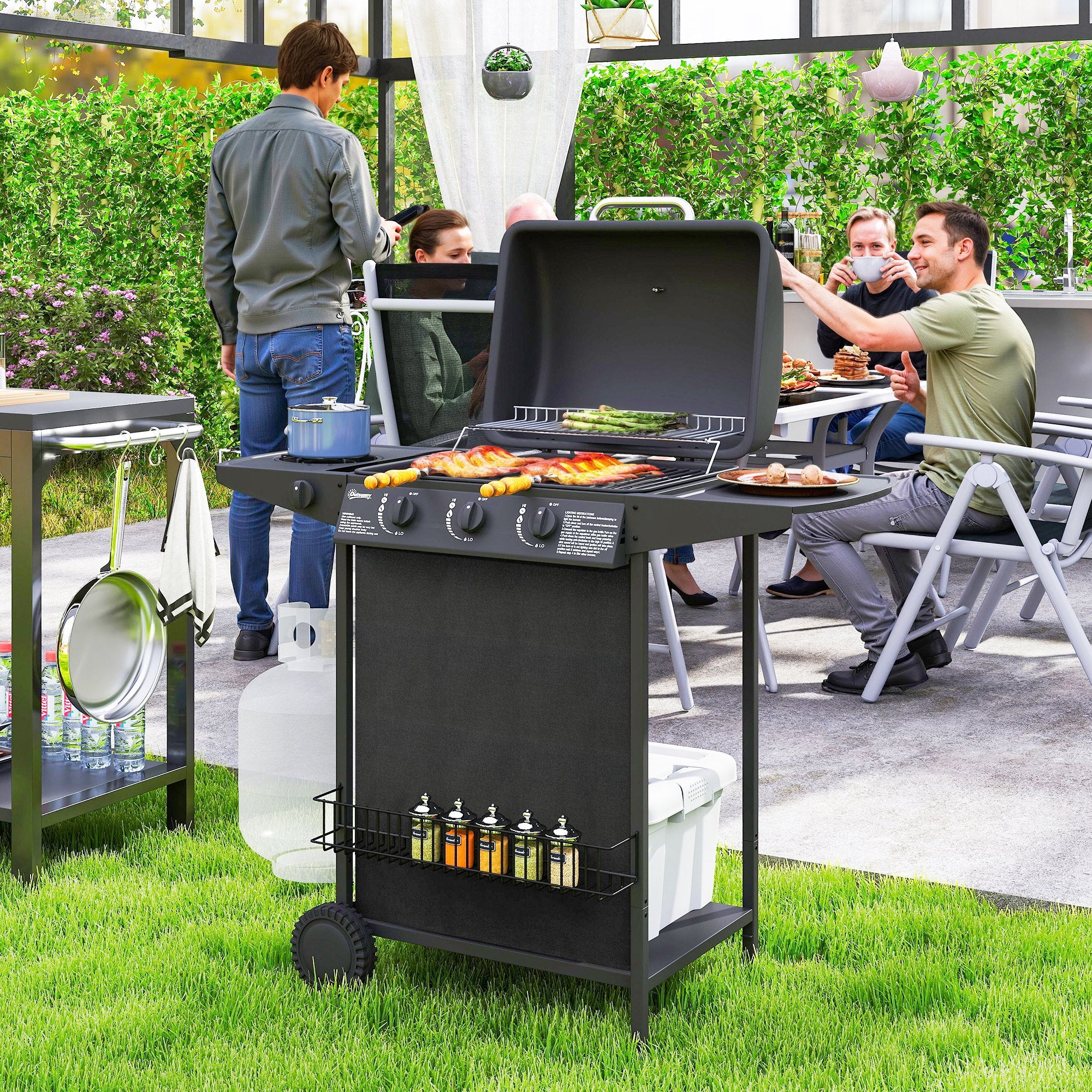 Outsunny 3+1 Burner Gas BBQ Grill, Portable Gas Barbecue Grill with Built-in Thermometer, Lid, Side Table, Shelf, Spice Rack, Wheels, Grease Cup for Garden Party Outdoor Cooking, Black