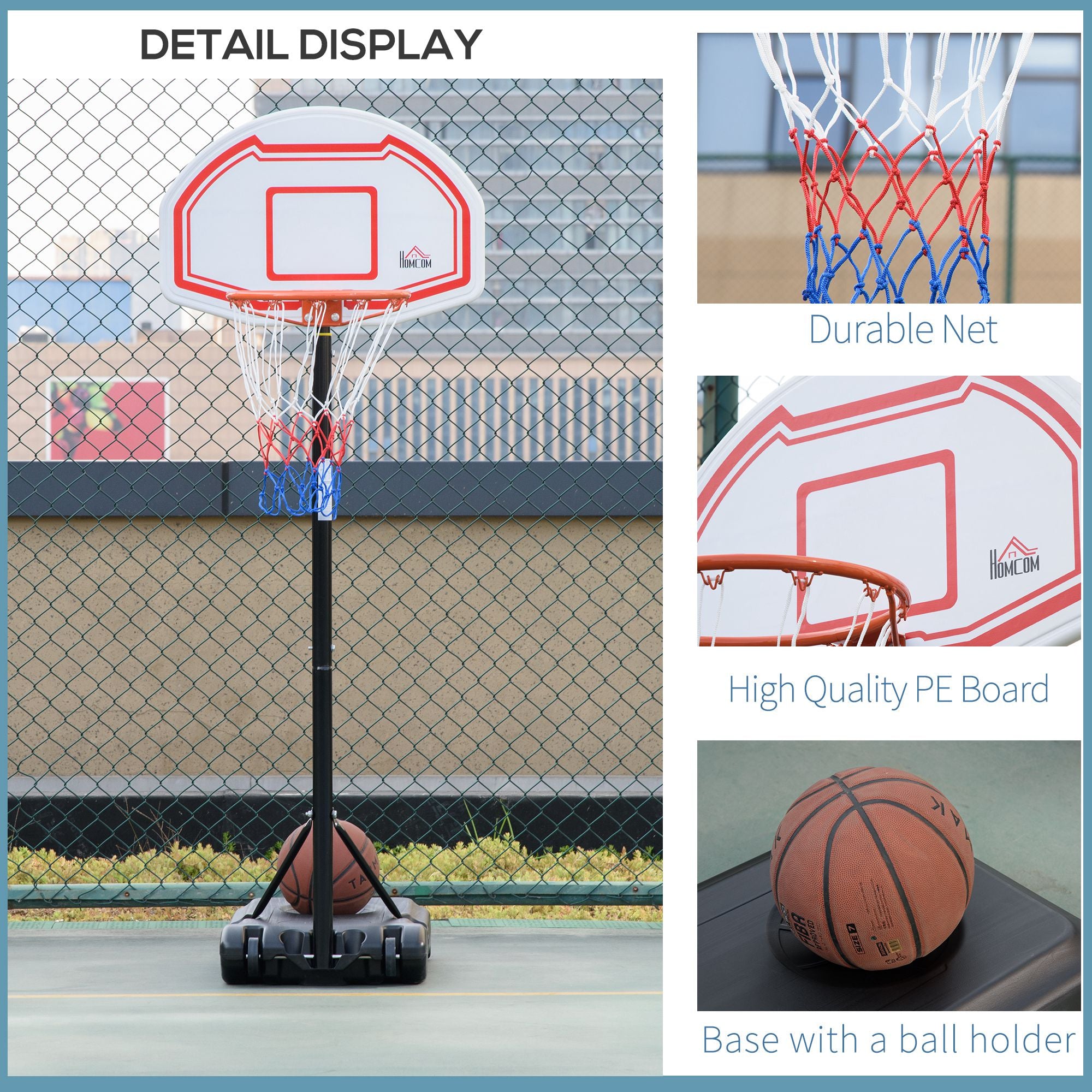 HOMCOM Basketball Hoop Stand Portable Adjustable Height 2.1-2.6m w/ Wheels, Sturdy Rim Stable Base, Red - North Peak Garden Furniture