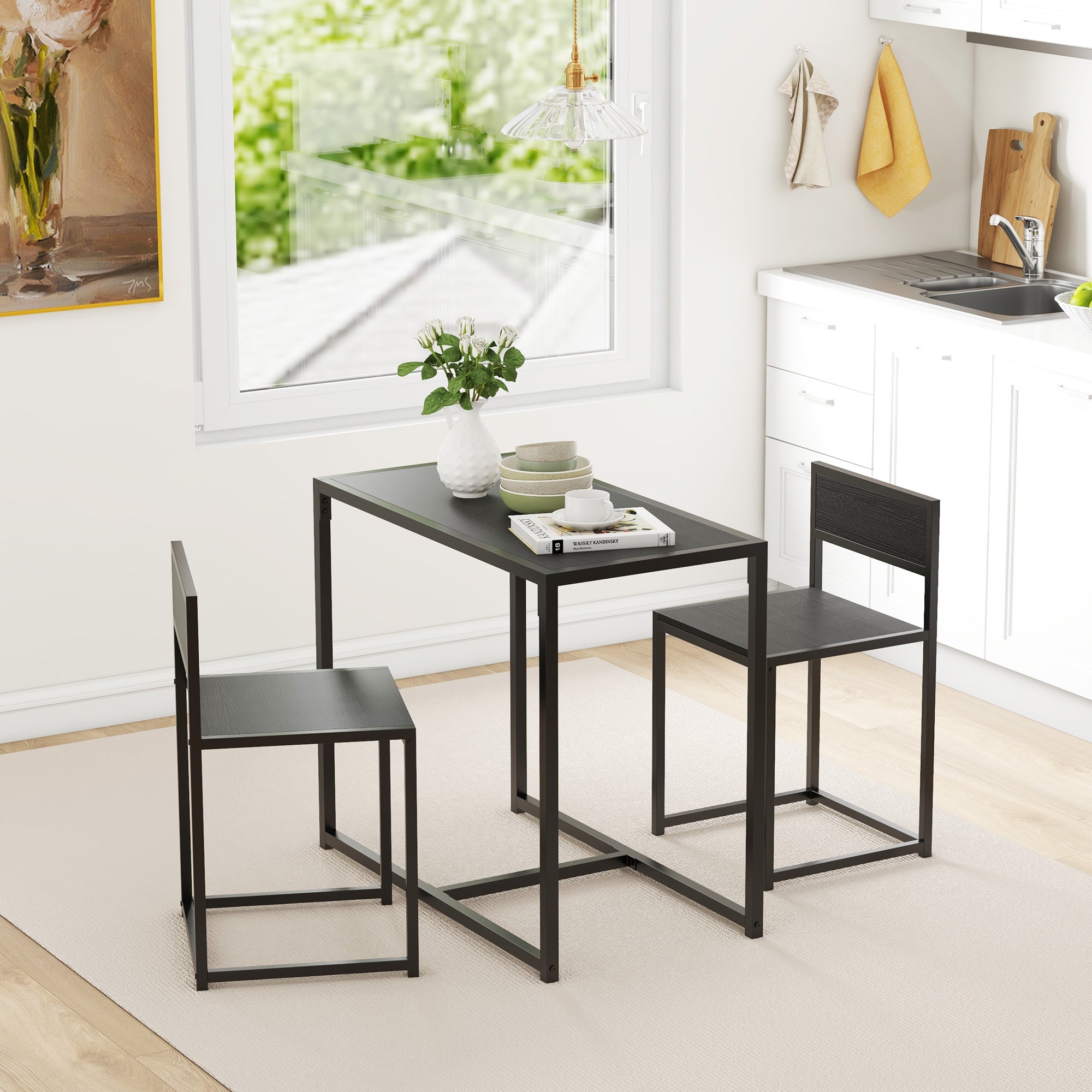 HOMCOM Dining Table and Chairs Set 2, Dining Room Sets, Rectangular Space Saving Table and 2 Chairs for Compact Kitchens, Steel Frame, Black - North Peak Garden Furniture