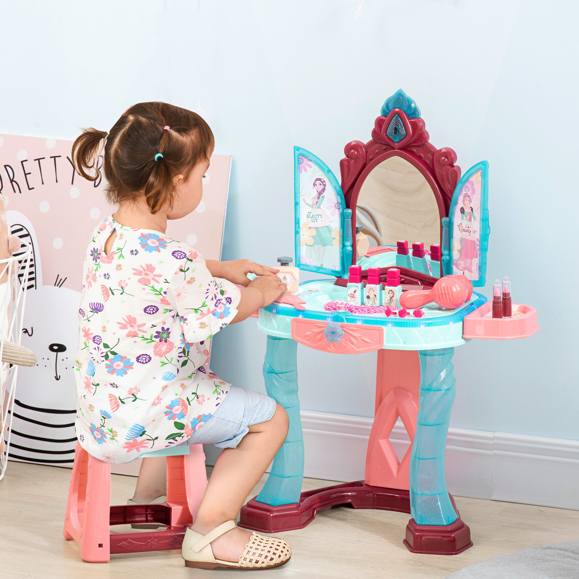 AIYAPLAY 31 Piece Kids Dressing Playset, with Magical Princess Mirror, Light and Sound - Pink and Blue - North Peak Garden Furniture
