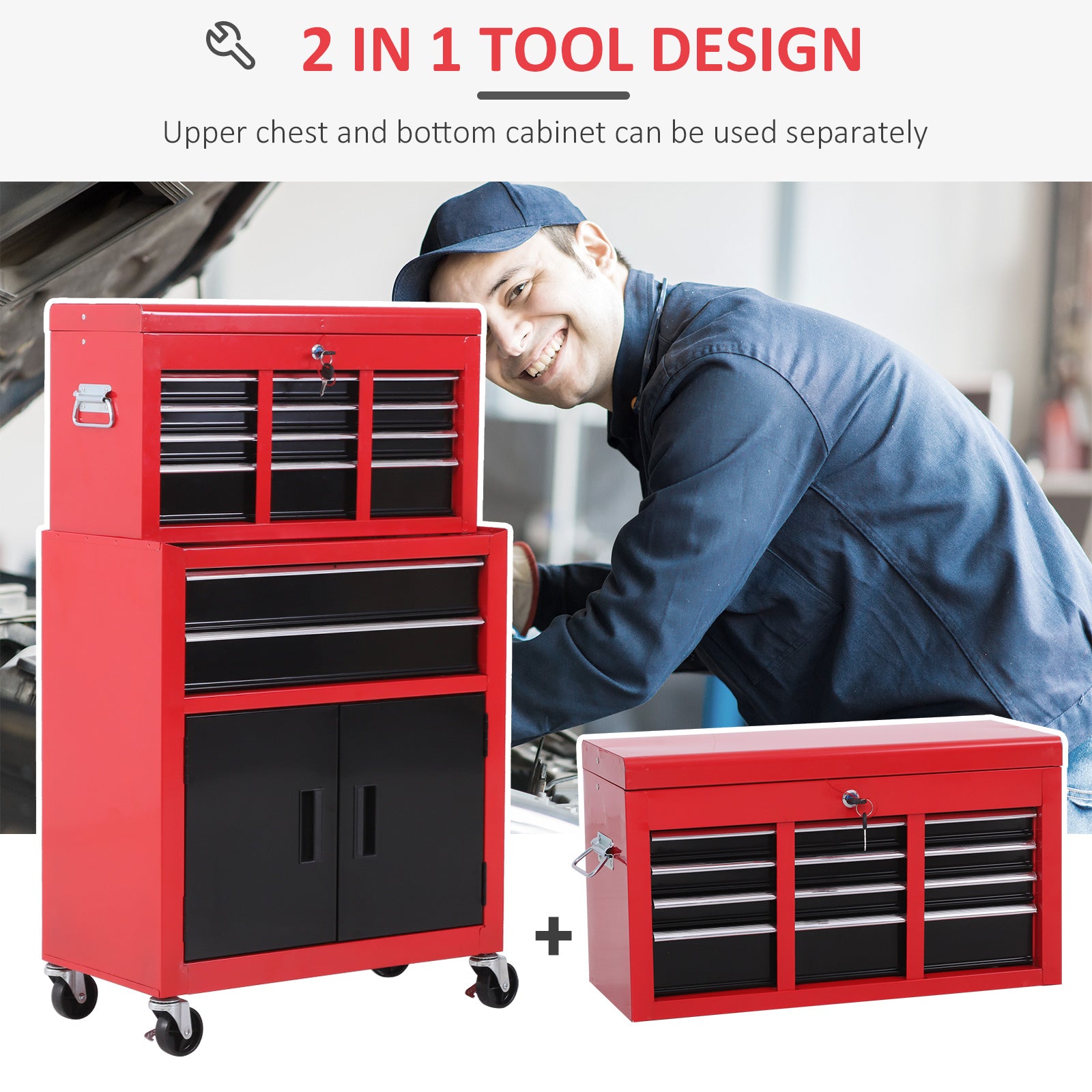 HOMCOM Tool Chest, Metal Tool Cabinet on Wheels with 6 Drawers, Pegboard, Top Chest and Roller Cabinet Combo, 61.6 x 33 x 108cm, Red - North Peak Garden Furniture