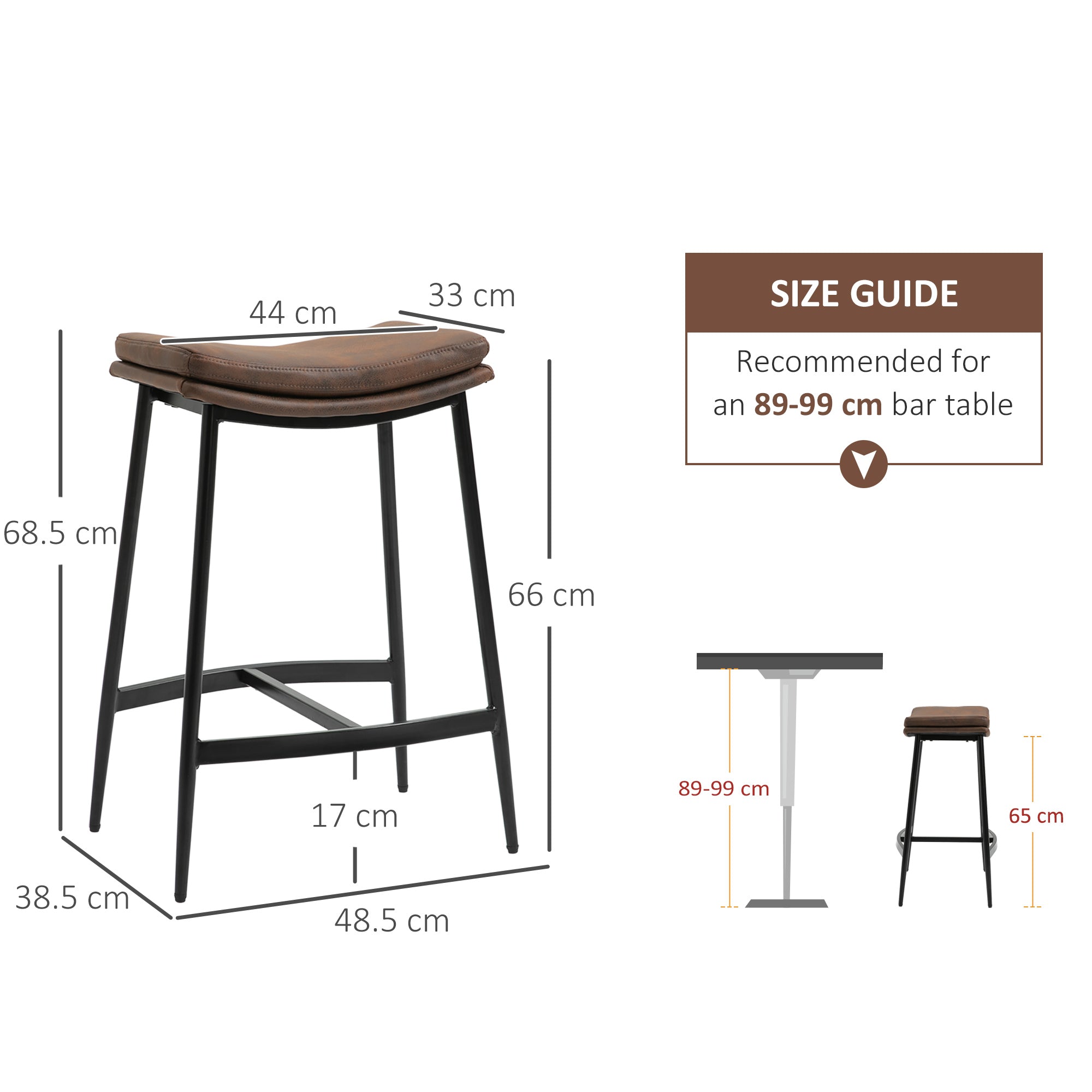 HOMCOM Breakfast Bar Stools Set of 2, Microfibre Upholstered Barstools, Industrial Bar Chairs with Curved Seat and Steel Frame for Dining Room, Kitchen, Brown