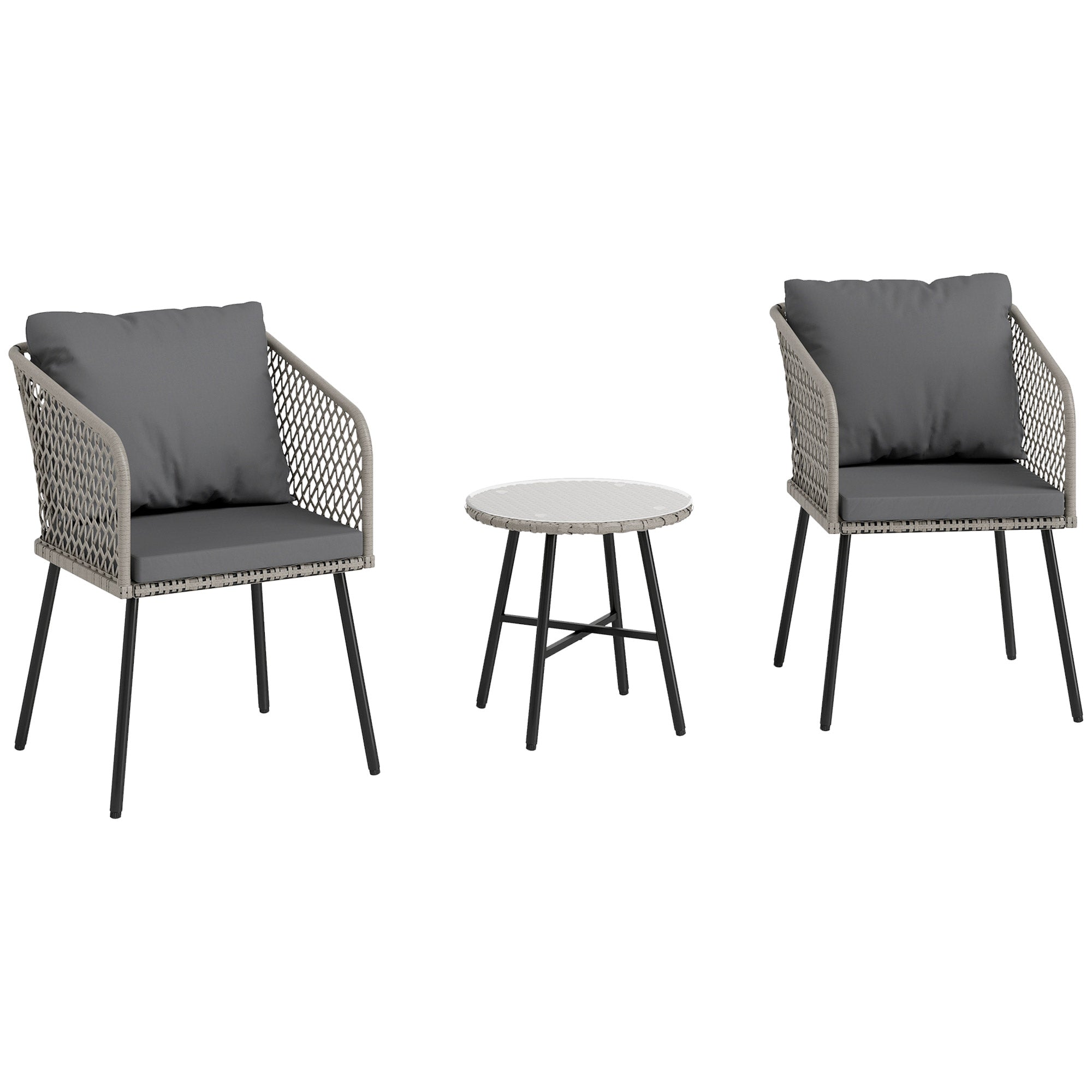 Outsunny Three-Piece Cut-Out Rattan Chair and Table Set - Grey - North Peak Garden Furniture