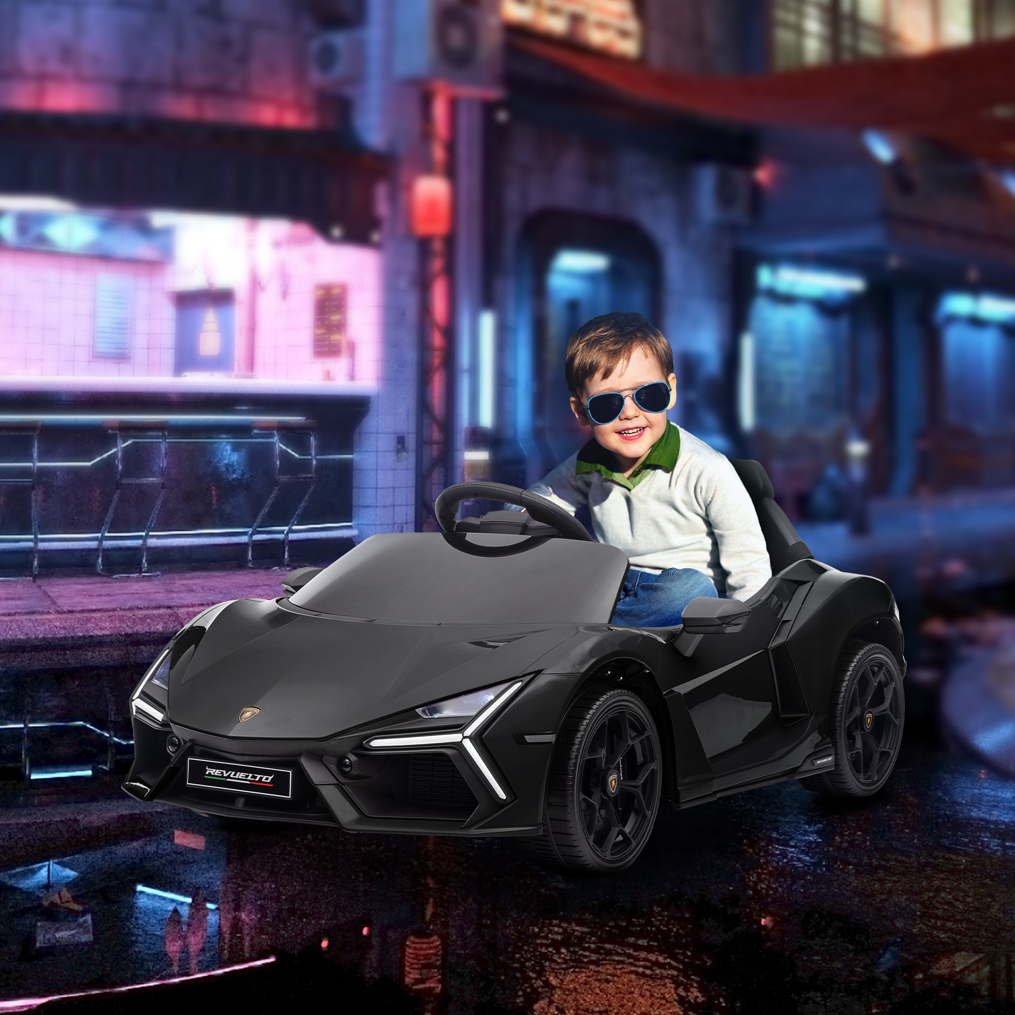 AIYAPLAY Lamborghini Revuelto Licensed 12V Ride on Car w/ Butterfly Doors, Transport Wheels, Suspension, Remote Control, Black - North Peak Garden Furniture