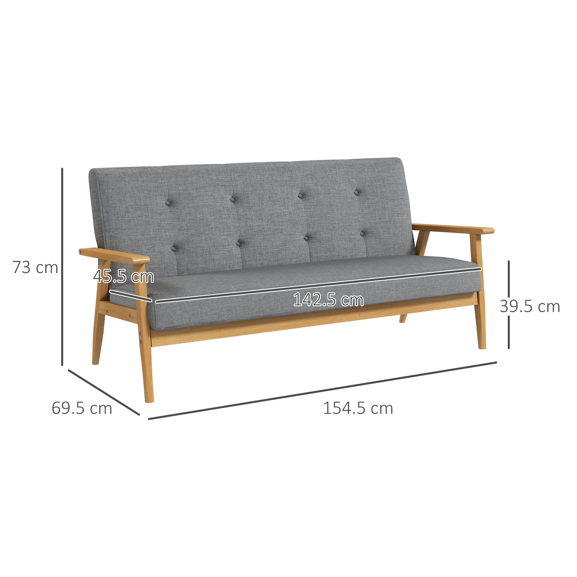 HOMCOM Modern 3 Seater Sofa Linen Fabric Upholstery Tufted Couch with Rubberwood Legs Dark Grey - North Peak Garden Furniture