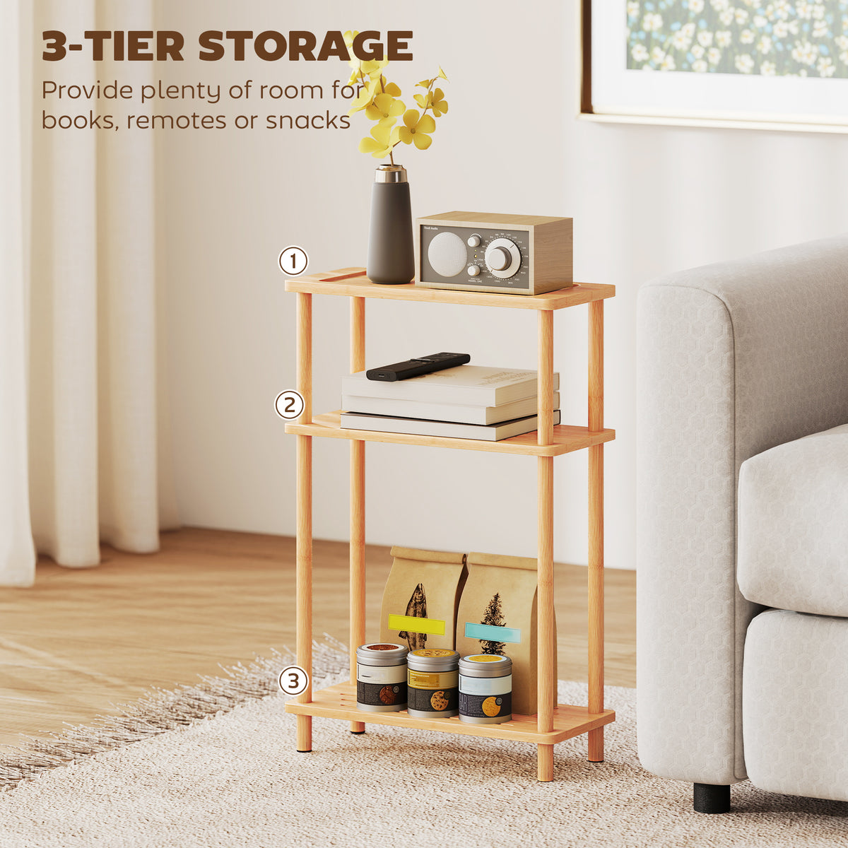 HOMCOM Bamboo Side Table, 3-Tier Slim End Table, Nordic Style, for Living Room, Bedroom, Office, Tool-Free Assembly, Natural Wood Finish