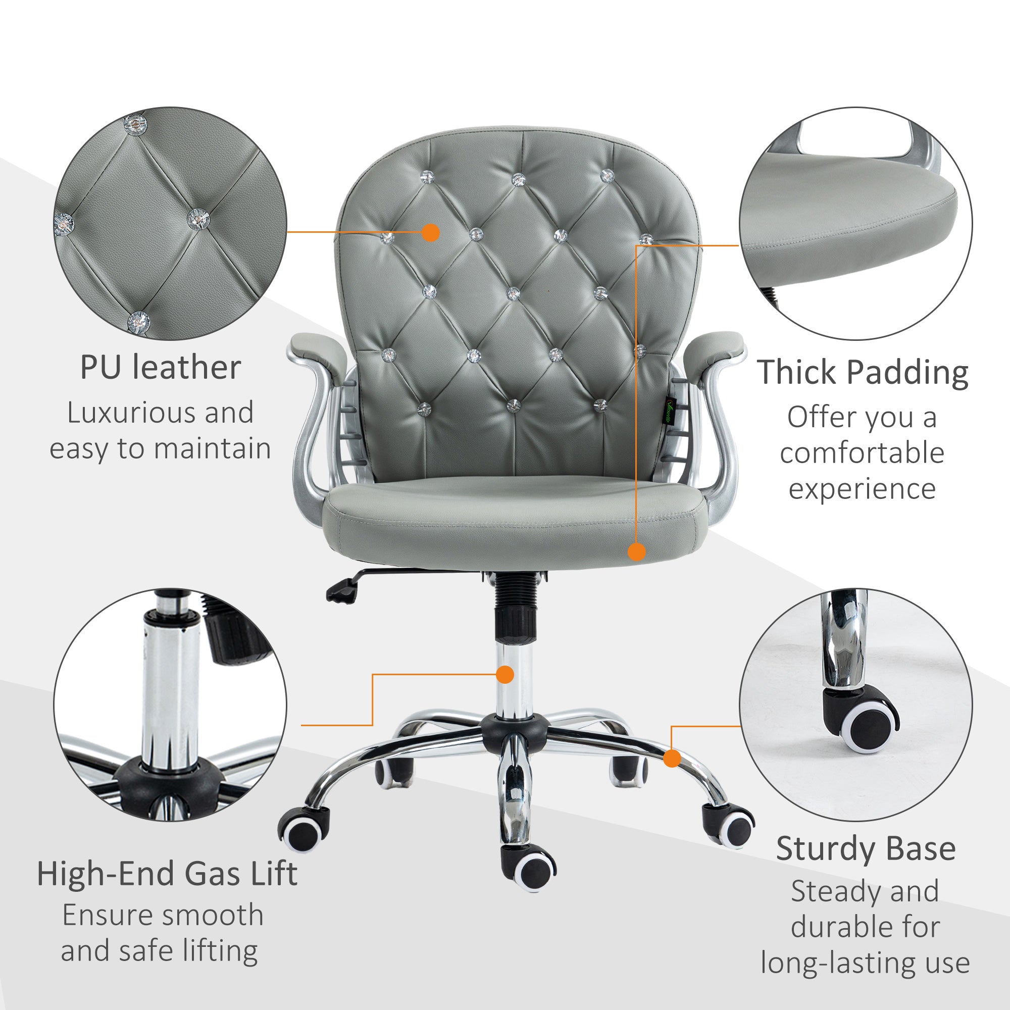 Vinsetto Office Chair Ergonomic 360° Swivel PU Diamante Padded Base 5 Castor Wheels for Home Work Grey