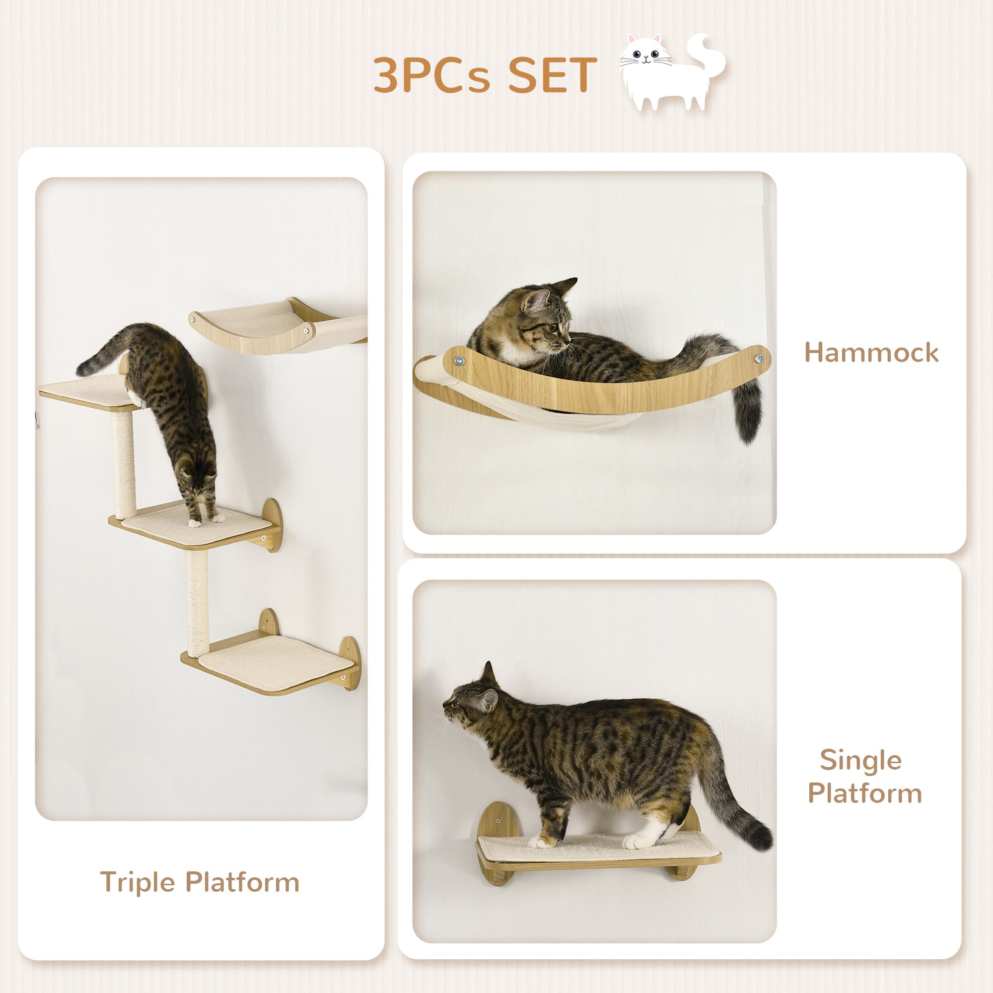 PawHut 3PCs Wall-Mounted Cat Shelves, with Jumping Platforms, Hammock, Scratching Post - Oak Tone - North Peak Garden Furniture