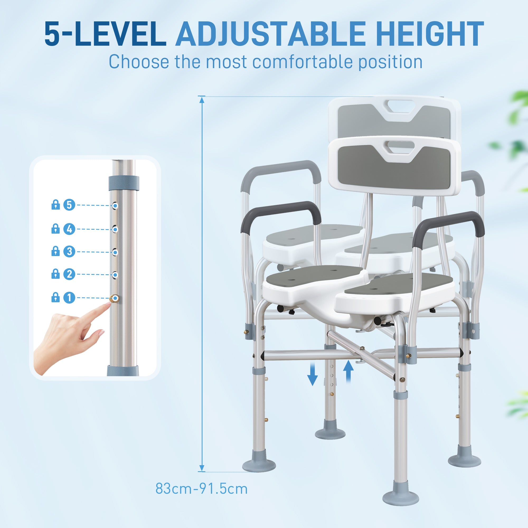 HOMCOM Shower Chair with Upgraded U-shaped Seat and Reinforced Crossbars, Height Adjustable Padded Bath Chair with Non-slip Feet for Elderly Seniors Disabled Handicap, Tool-Free Assembly, Grey - North Peak Garden Furniture