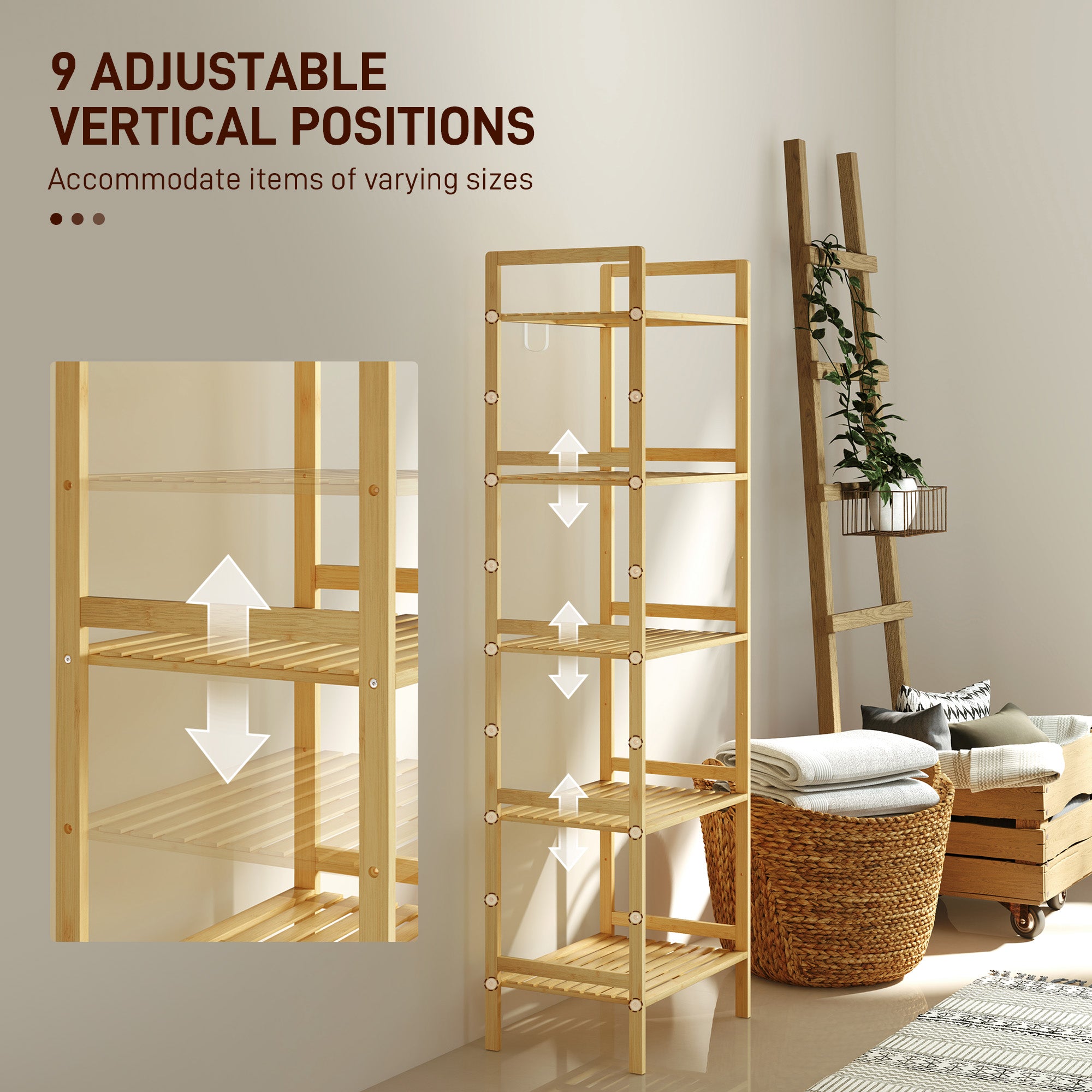 HOMCOM 5-Tier Bamboo Bathroom Storage Shelf, Freestanding Shelving Unit with Adjustable Rack for Kitchen Bathroom Living Room, Natural Wood Finish - North Peak Garden Furniture