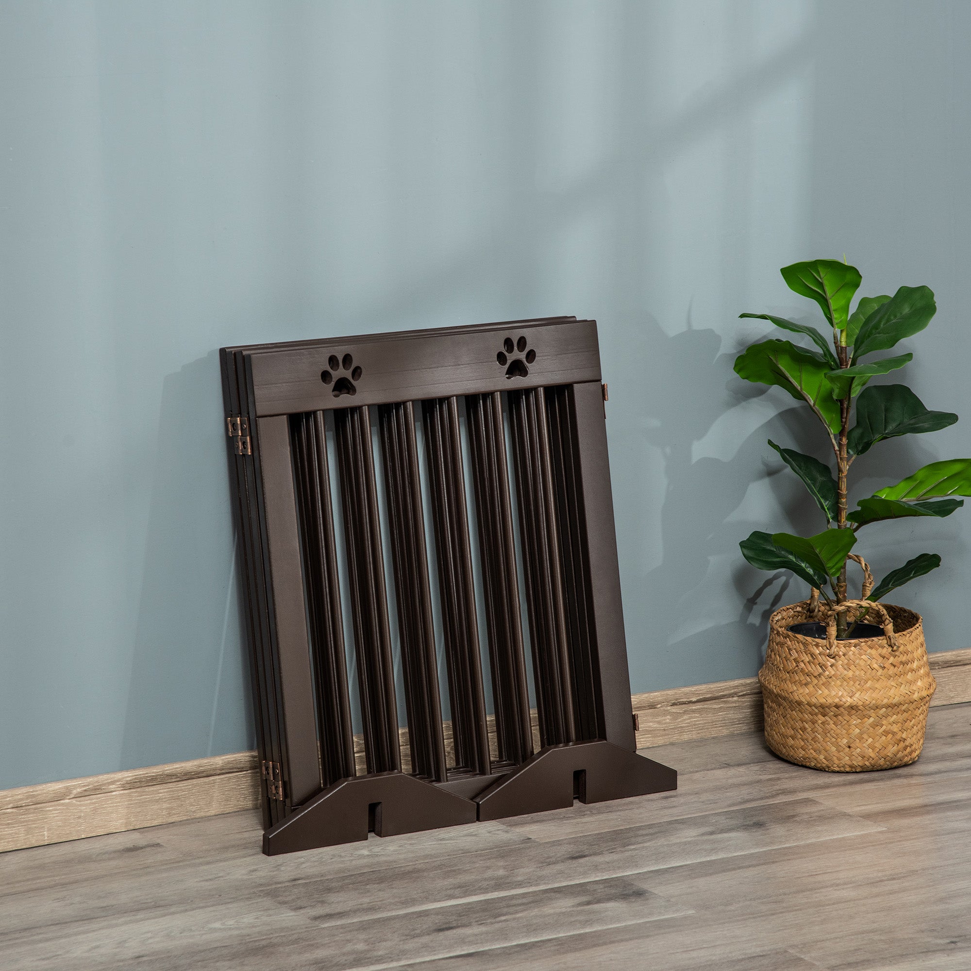 PawHut Freestanding Pet Gate 4 Panel Wooden Dog Barrier Folding Safety Fence with Support Feet up to 204cm Long 61cm Tall for Doorway Stairs Brown - North Peak Garden Furniture