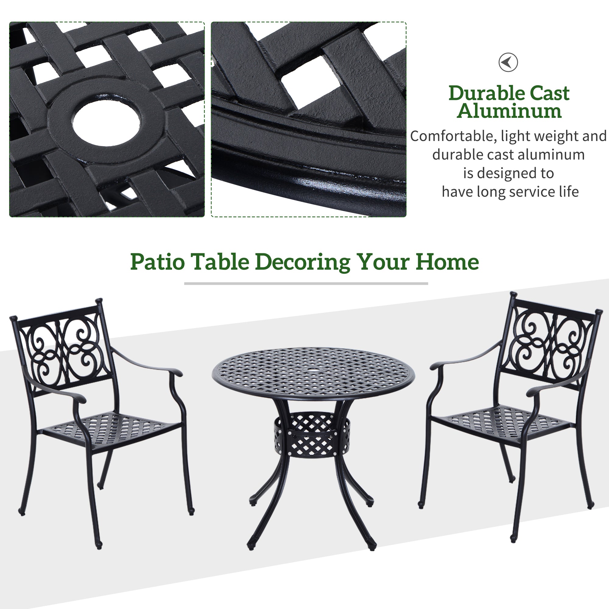 Outsunny 85cm Round Garden Table with Umbrella Hole, Aluminium Grid Motif Outdoor Dining Table for Garden Patio, Black - North Peak Garden Furniture