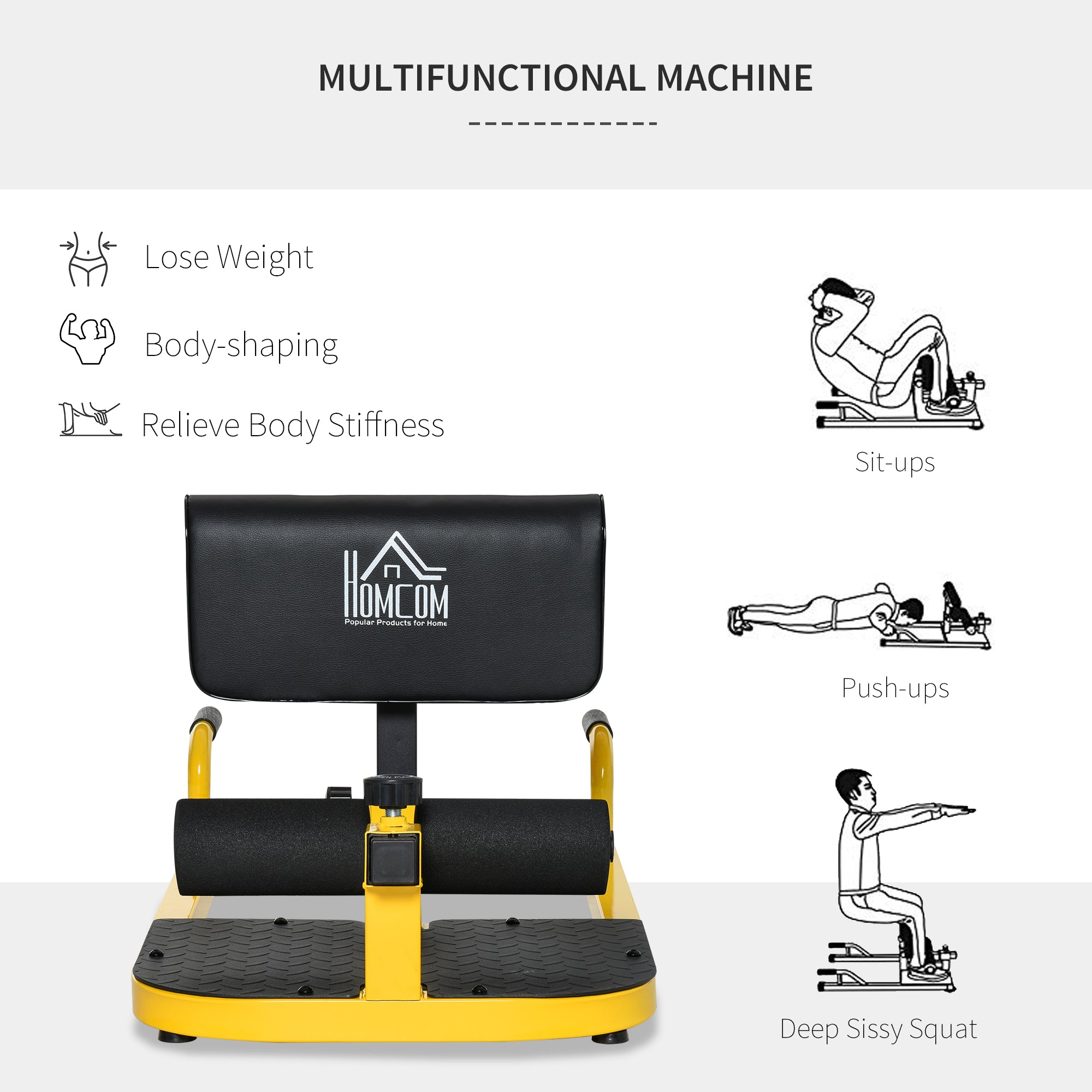 HOMCOM Squat Machine with Push Up Stand, Padded Hip Thrust Bench with Adjustable Cushion for Home Gym Work Out, Yellow - North Peak Garden Furniture