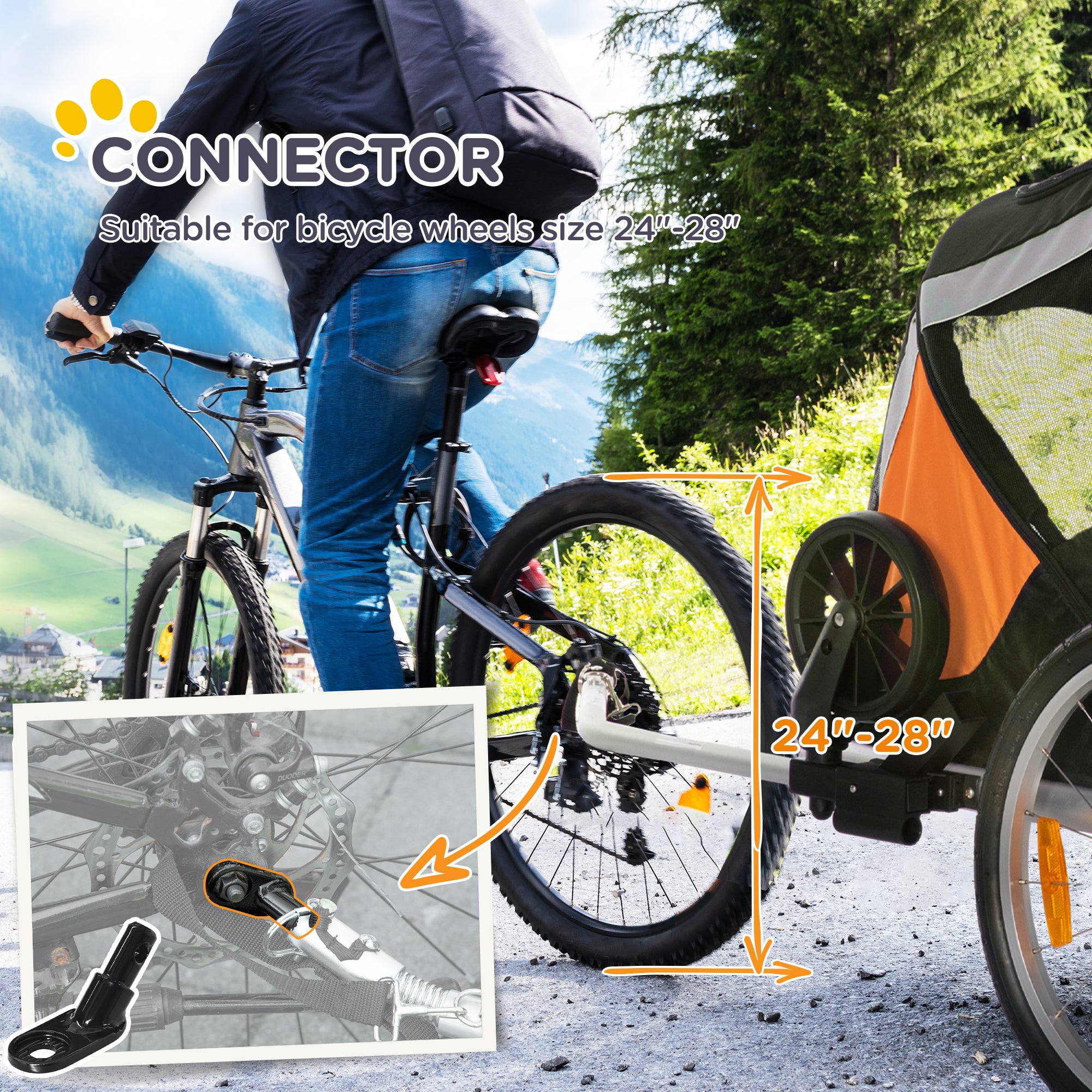 PawHut Dog Bike Trailer 2-in-1 Pet Stroller for Large Dogs Cart Foldable Bicycle Carrier Aluminium Frame with Safety Leash Hitch Coupler Reflector Flag Orange - North Peak Garden Furniture