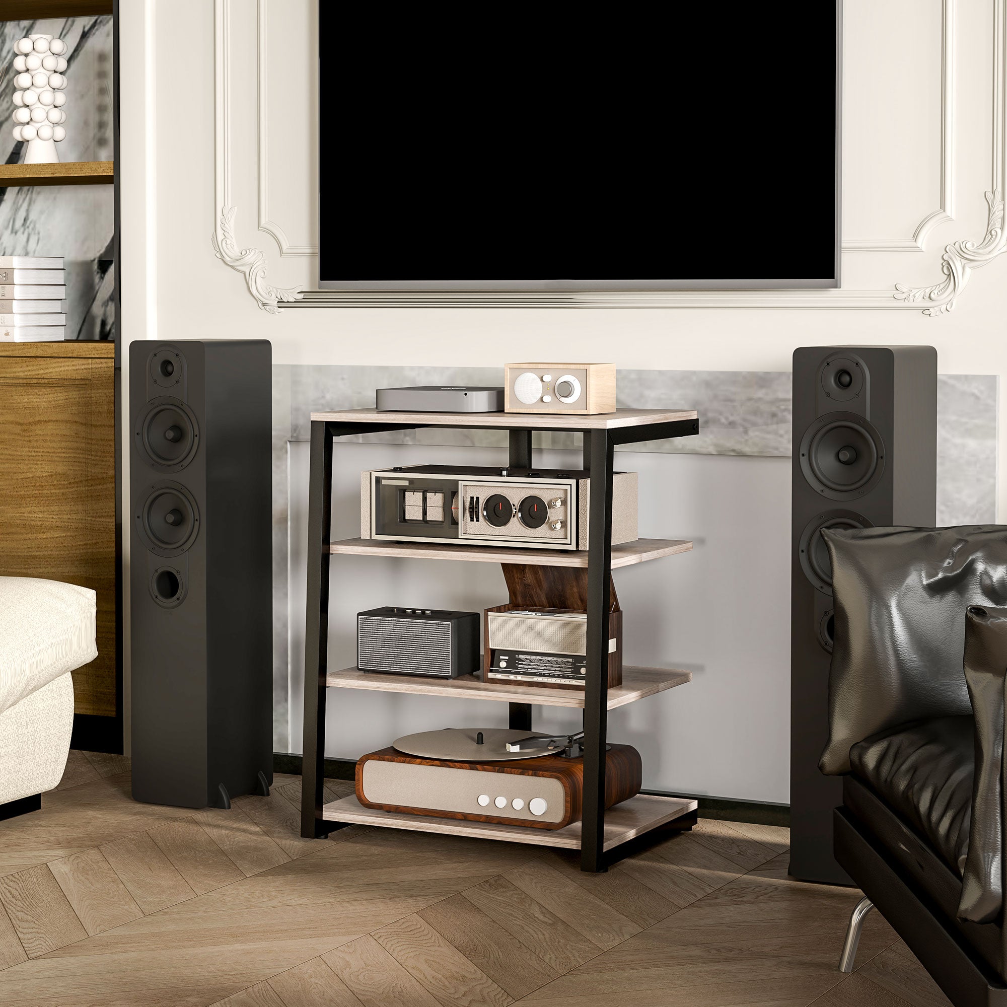 HOMCOM HiFi Stand, with Four Storage Shelves - Grey - North Peak Garden Furniture