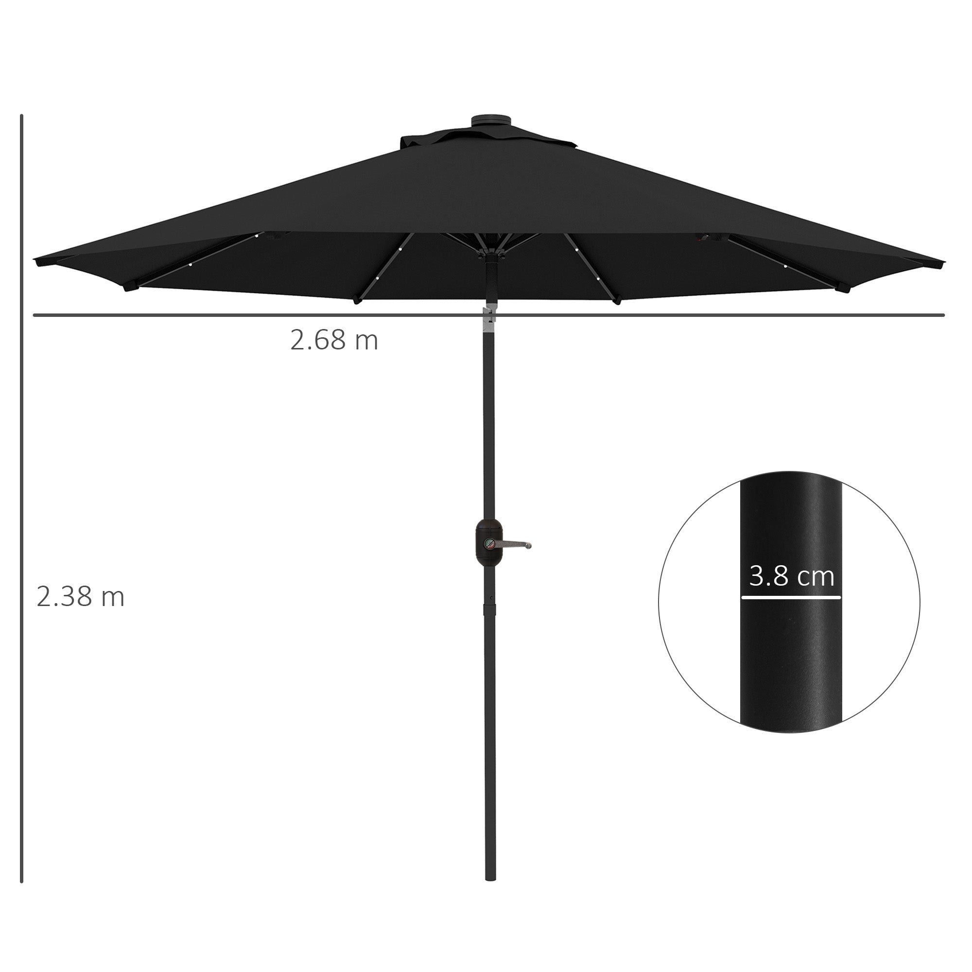 Outsunny 2.7m Outdoor Patio Garden Umbrella Parasol with Tilt Crank and 24 LEDs Lights, Black - North Peak Garden Furniture