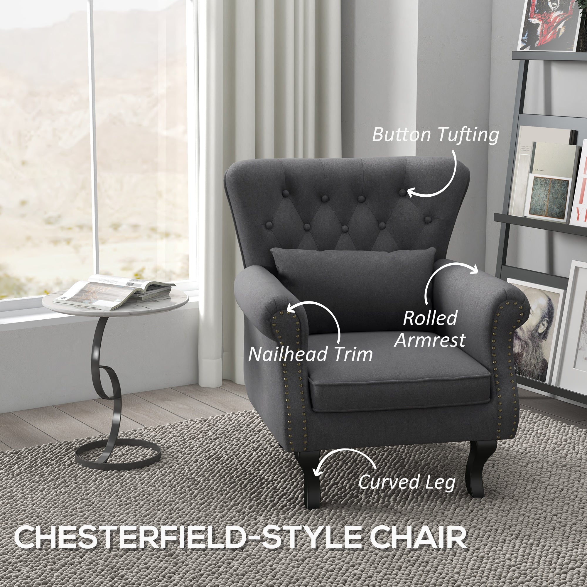 HOMCOM Chesterfield-Style Accent Chair - Grey - North Peak Garden Furniture