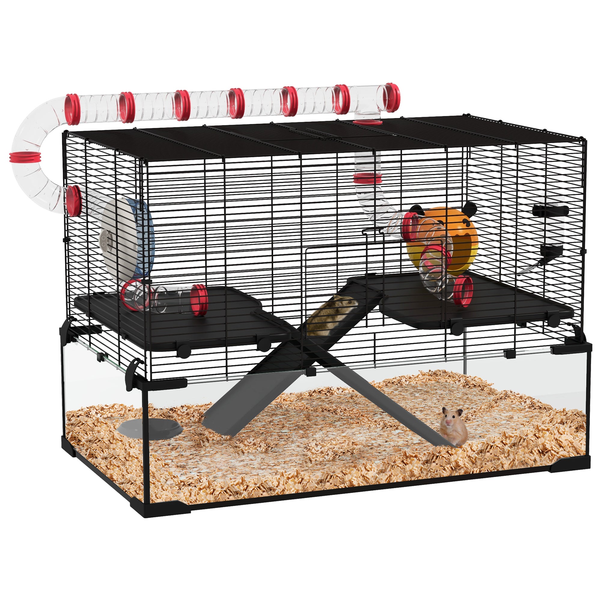 PawHut Gerbil Cage, Dwarf Hamster Cage, with Deep Glass Bottom, Tunnels, Ramps, Hut, Exercise Wheel, 78.5 x 48.5 x 57cm - North Peak Garden Furniture