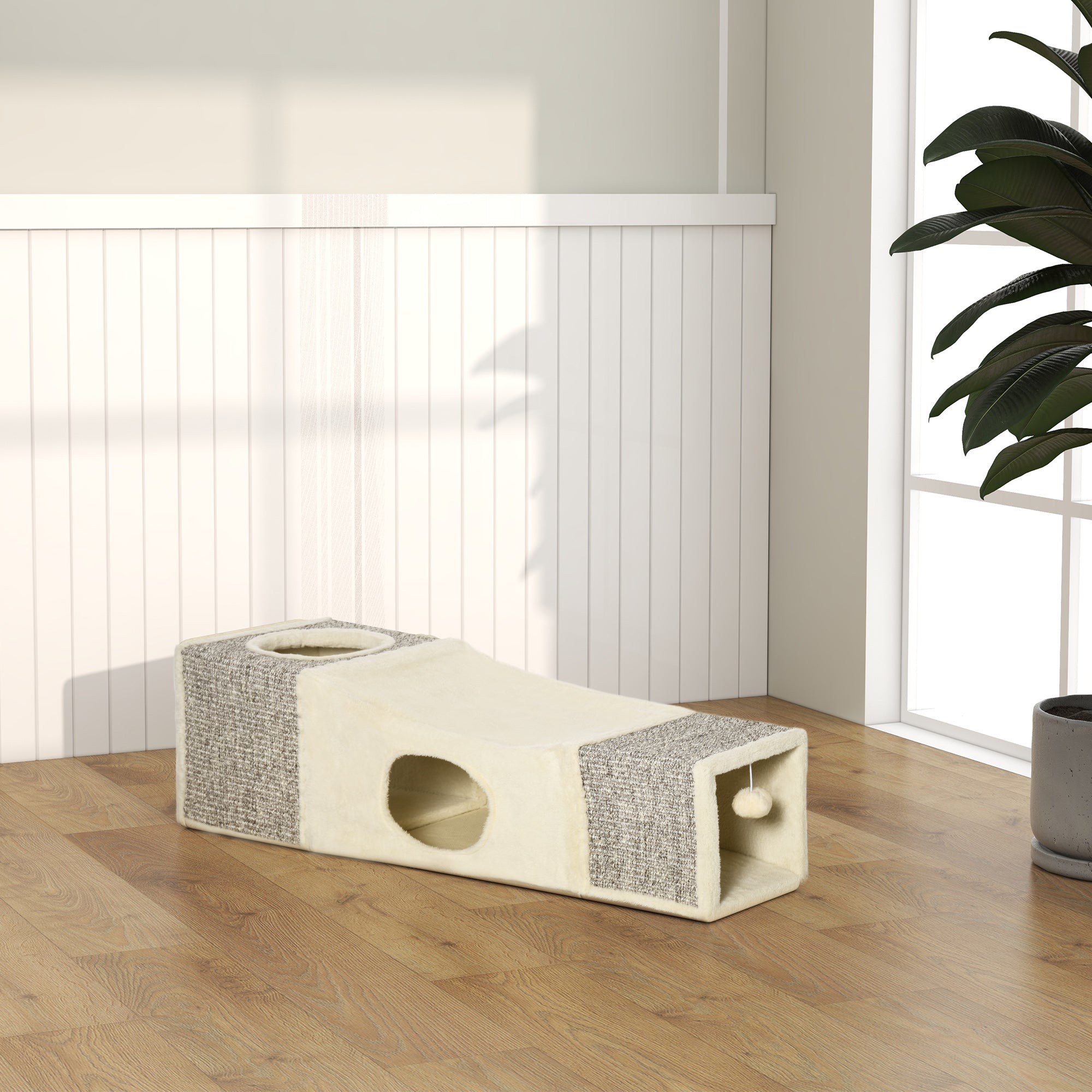 PawHut Cat Tunnel, Plush Large Play Tunnel with Two Caves and Hanging Ball, Cream White