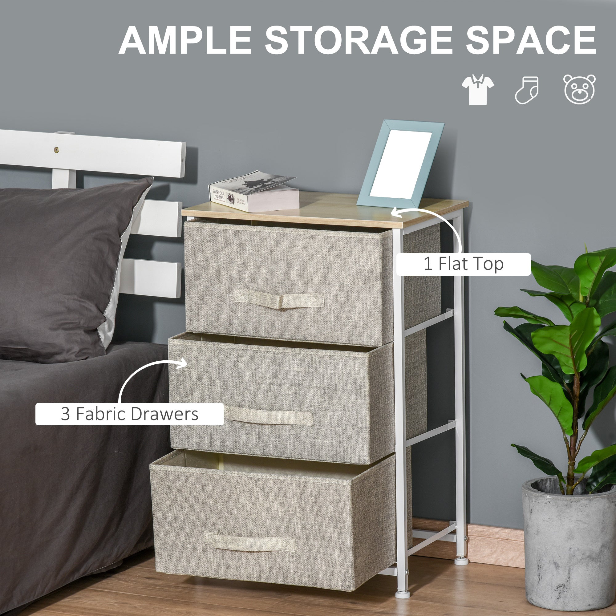 HOMCOM Vertical 3-Tier Linen Drawer Cabinet Organizer Storage Dresser Tower with Metal Frame Adjustable Feet for Living Room, Bathroom, Kitchen, White, Oak and Light Grey - North Peak Garden Furniture