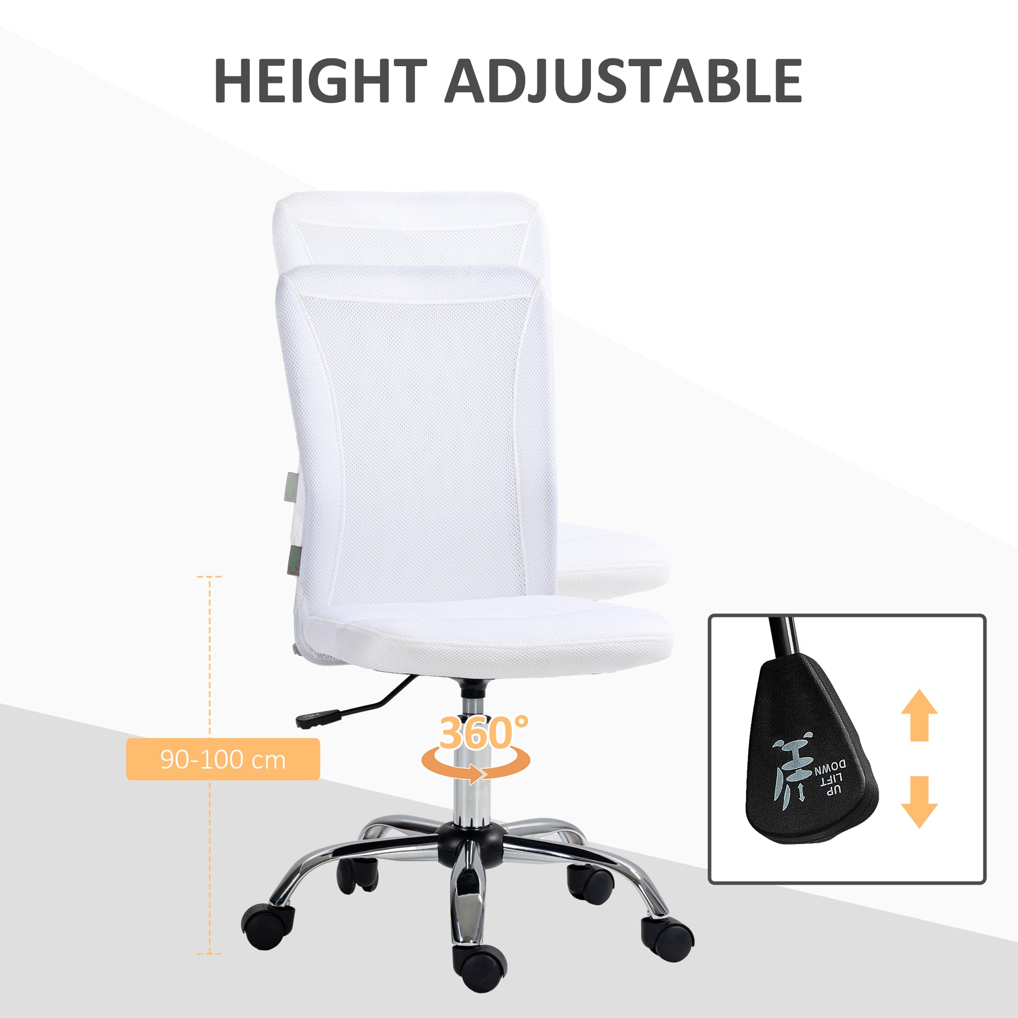 Vinsetto Computer Desk Chair, Mesh Office Chair with Adjustable Height and Swivel Wheels, Armless Study Chair, White - North Peak Garden Furniture