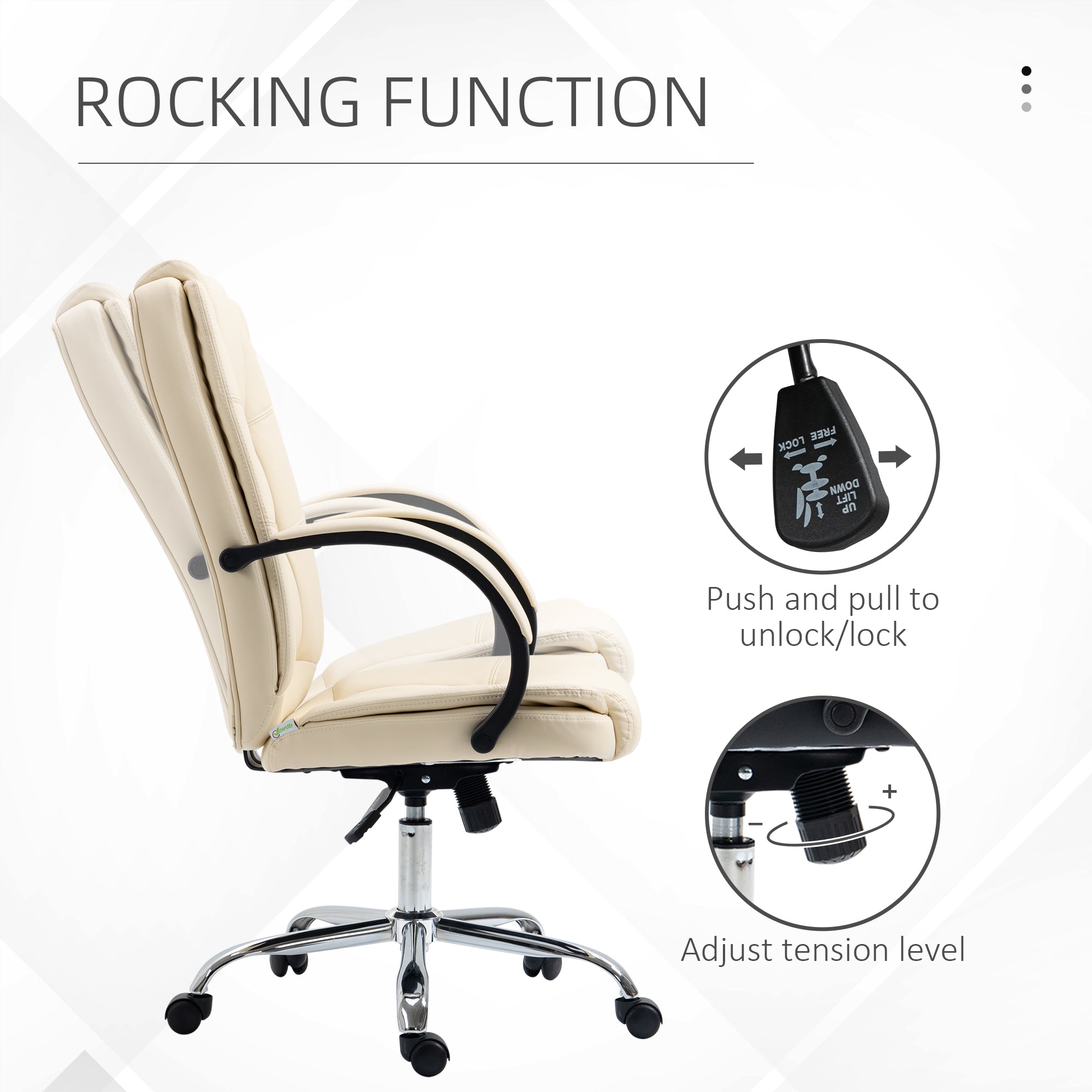 Vinsetto Office Chair, PU Leather Desk Chair with 13cm Soft Padded Seat and Backrest, Swivel Chair with Adjustable Height and Rolling Wheels, Beige - North Peak Garden Furniture